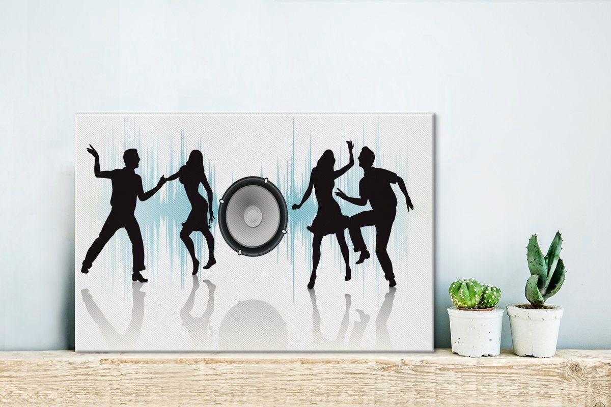 Schachtel, von tanzenden mit OneMillionCanvasses® Wandbild Leinwandbild (1 einer Eine Menschen St), 30x20 Illustration Leinwandbilder, Wanddeko, cm Aufhängefertig,