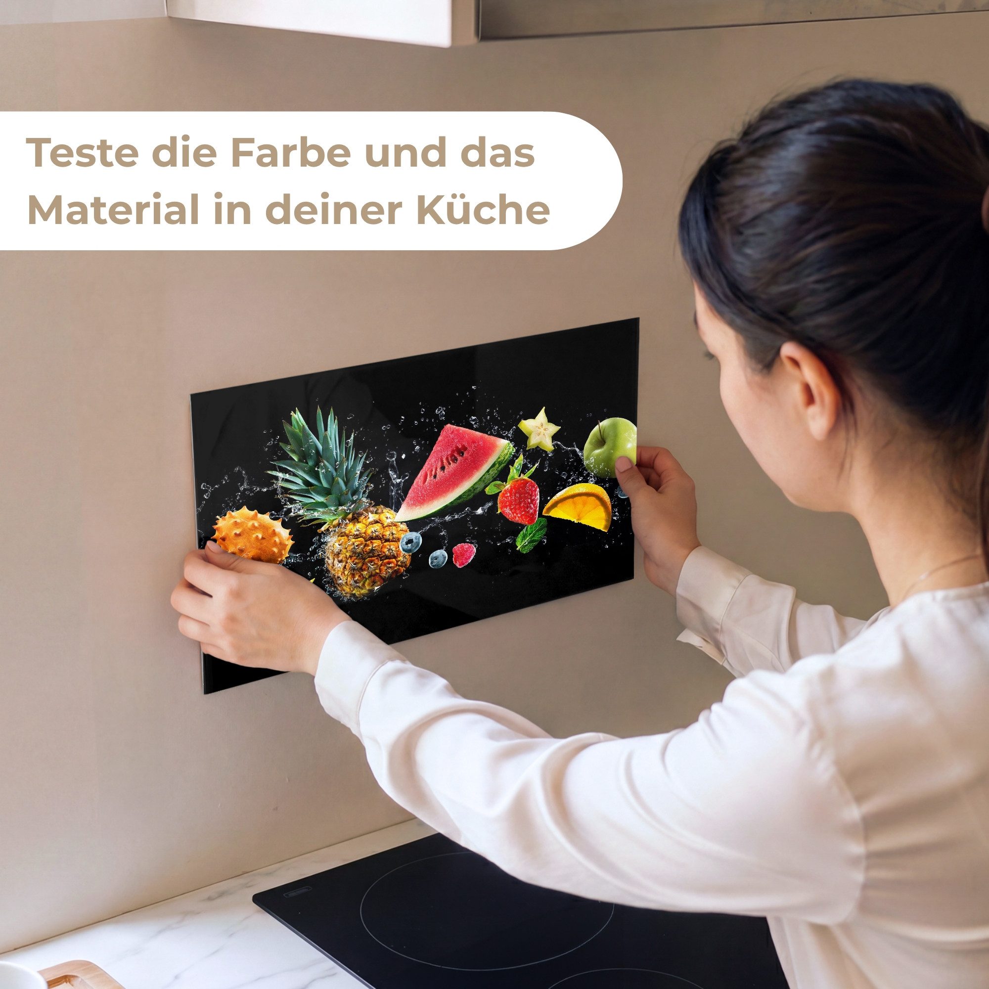 KitchenYeah Küchenrückwand Muster selbstklebend (keine Folie) Splash - Obst - Schwarz, (1-tlg), Spritzschutz, Küche, Rückwand, Küchenwand, Küchenfront, 30x20 cm