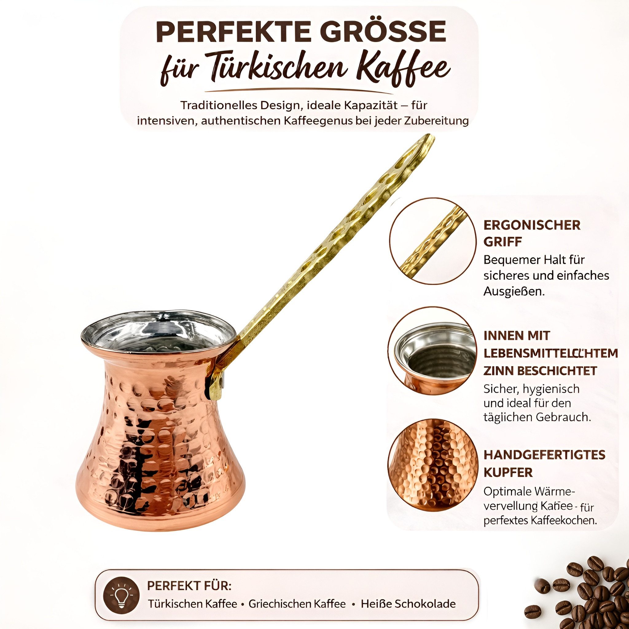 inovesis Kaffeekanne Handgemachte Kupfer, Cezve, Traditionelle Türkische Kaffeekanne, (3-St), 85 ml – ca. 5 cm Durchmesser - 1 Tassen