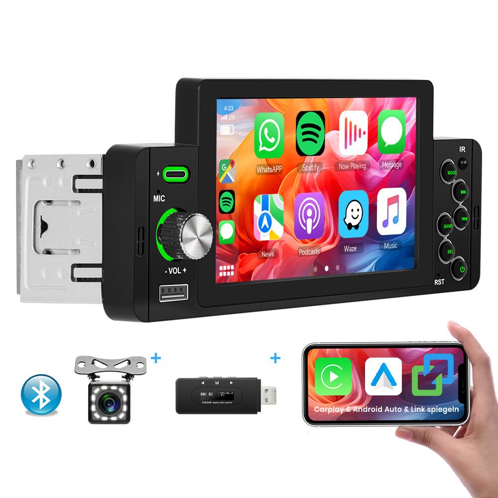 Hikity 1DIN 5" HD Touchscreen Monitor D-Play Universal Auto mp5 Spieler Autoradio (FM, Bluetooth, Support TF/USB Rear View Camera with wireless carplay/auto, Mirro link, Carplay&Andoid Auto)