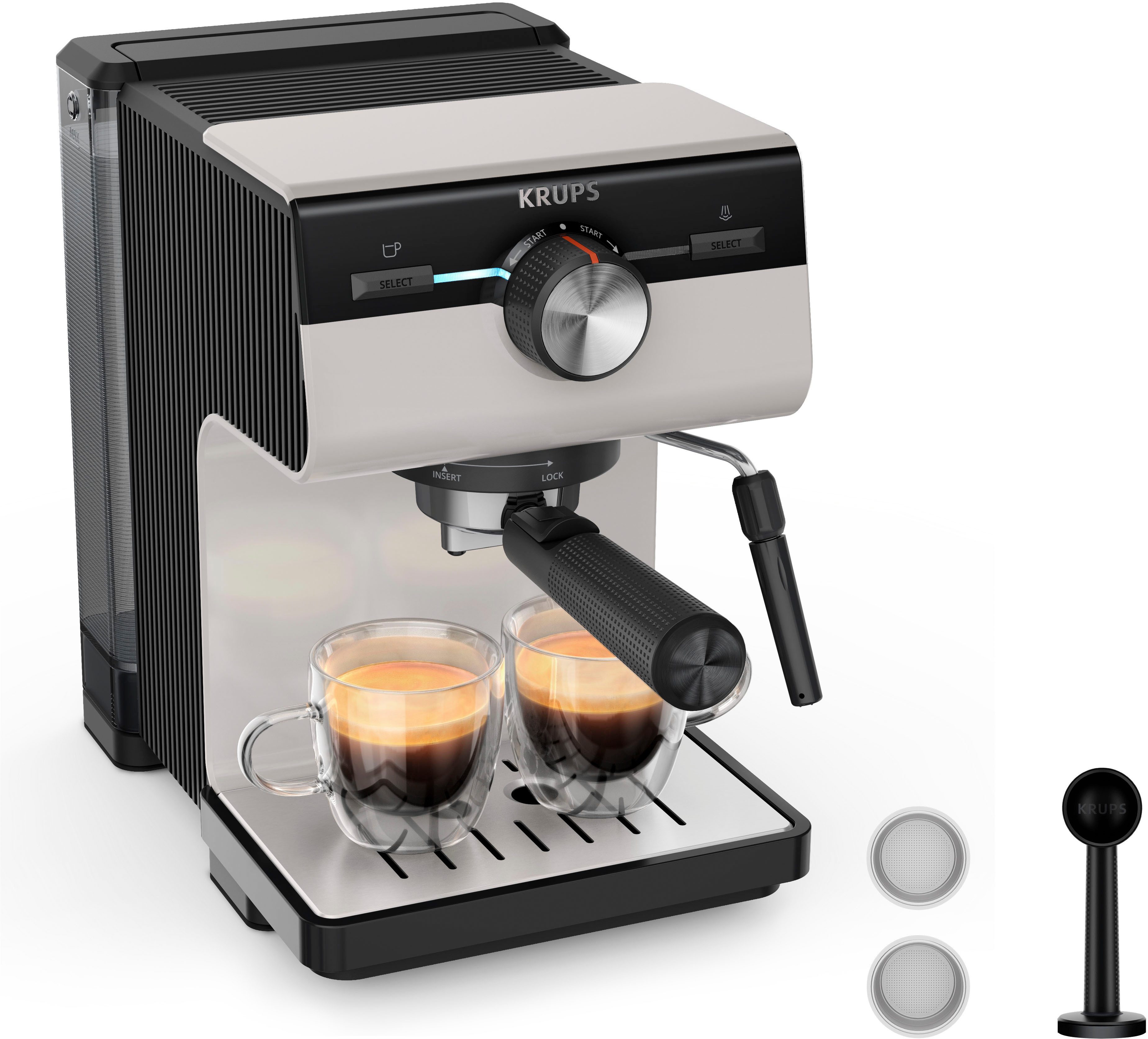 Krups Siebträgermaschine XP381B Authentic, Siebtäger, intuitives Bedienfeld, Milch-Aufschäumdüse, 2 Siebeinsätze