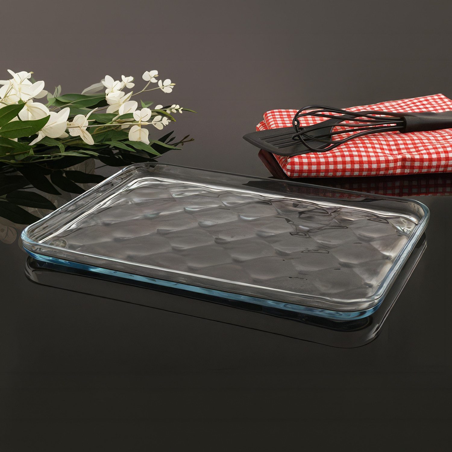Pasabahce Auflaufform Borcam Rechteckige Glasform 1025 ml 334 × 244 mm, Borosilikatglas, (1-St), Ofen-, mikrowellen-, gefrier- und spülmaschinengeeignet
