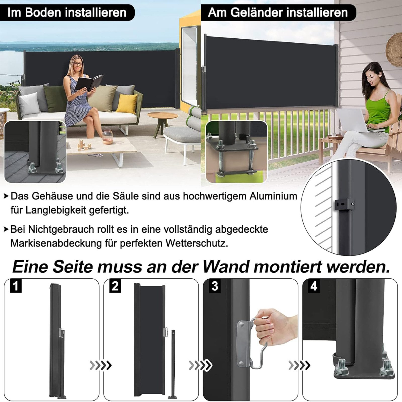 FIVMEN Seitenmarkise Ausziehbar Sichtschutz Markise, Anthrazit,100/120/140cm Seitliche Vordächer für Terrasse Balkon Garten