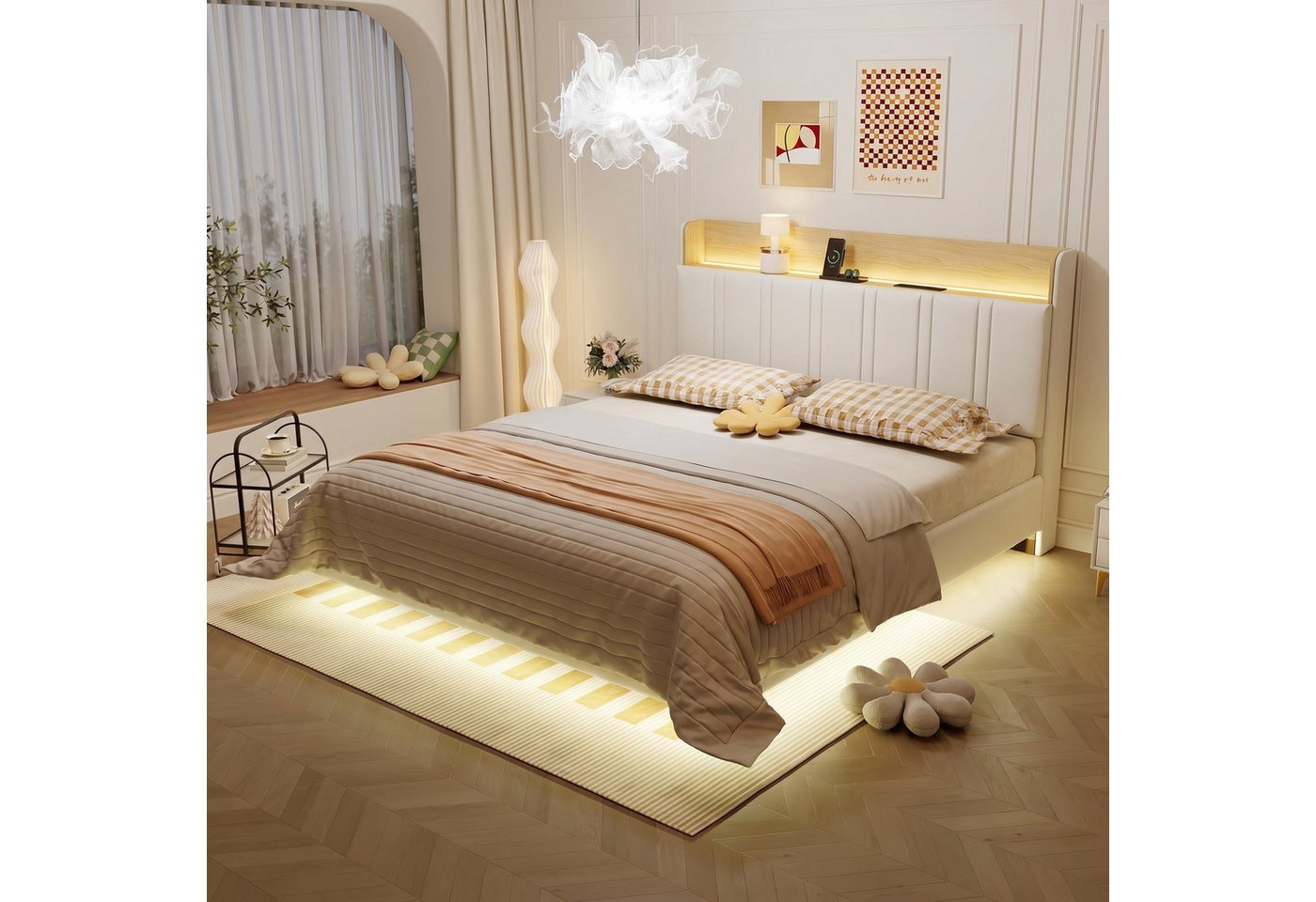PXloue Polsterbett Doppelbett Jugendbett (Kopfteil mit Stauraum), Stauraumbett, mit LED Beleuchtung und Lattenrost, 160x200 cm