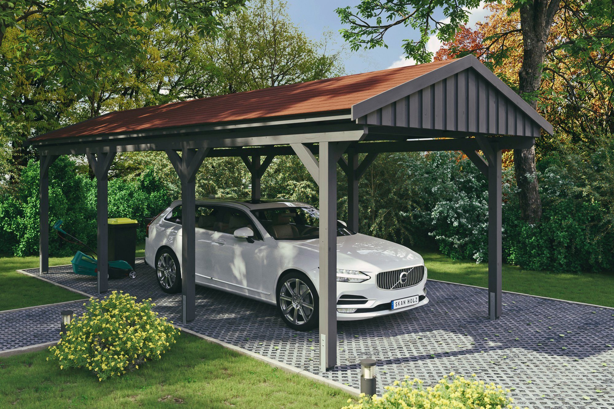 Skanholz Einzelcarport Fichtelberg, BxT: 317x808 cm, 273 cm Einfahrtshöhe, mit roten Schindeln