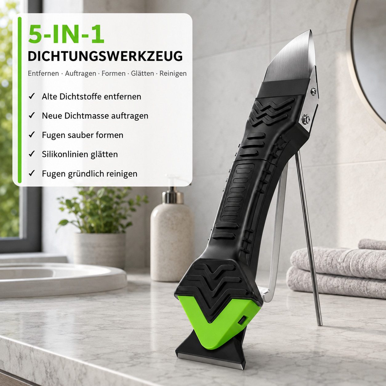 Luckice Multitool 5‑in‑1 Silikonentferner‑Set – Fugenwerkzeug aus Edelstahl, (Set, mit 6 austauschbaren Silikonpads, Schaber und Dichtstoffwerkzeug), Praktische – Bild 2 von 5