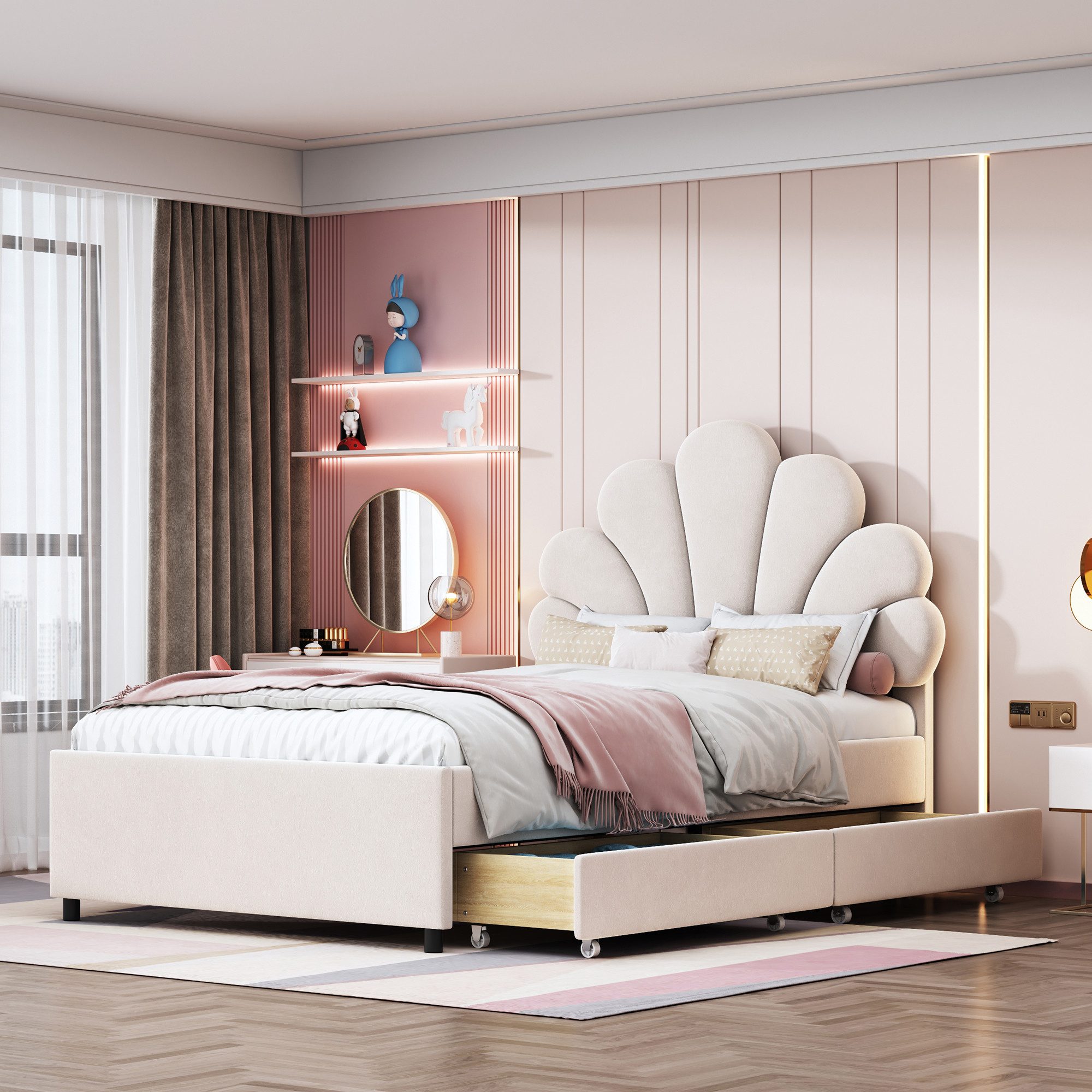 Flieks Polsterbett, Einzelbett Blumenform-Kopfteil Samt 90x200cm mit 2 Schu günstig online kaufen