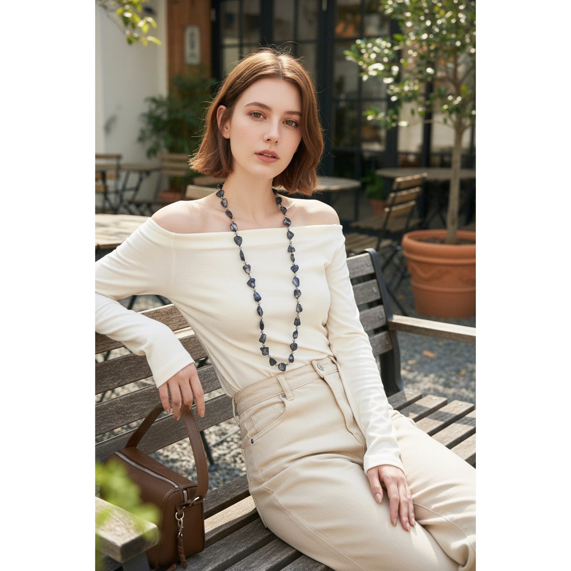 KARMA Lange Kette Damen Longkette 118 cm Damenkette blau grau wasserfest (Damenschmuck, Pulloverkette Natursteinkette Damenkette), Layering Lagenlook