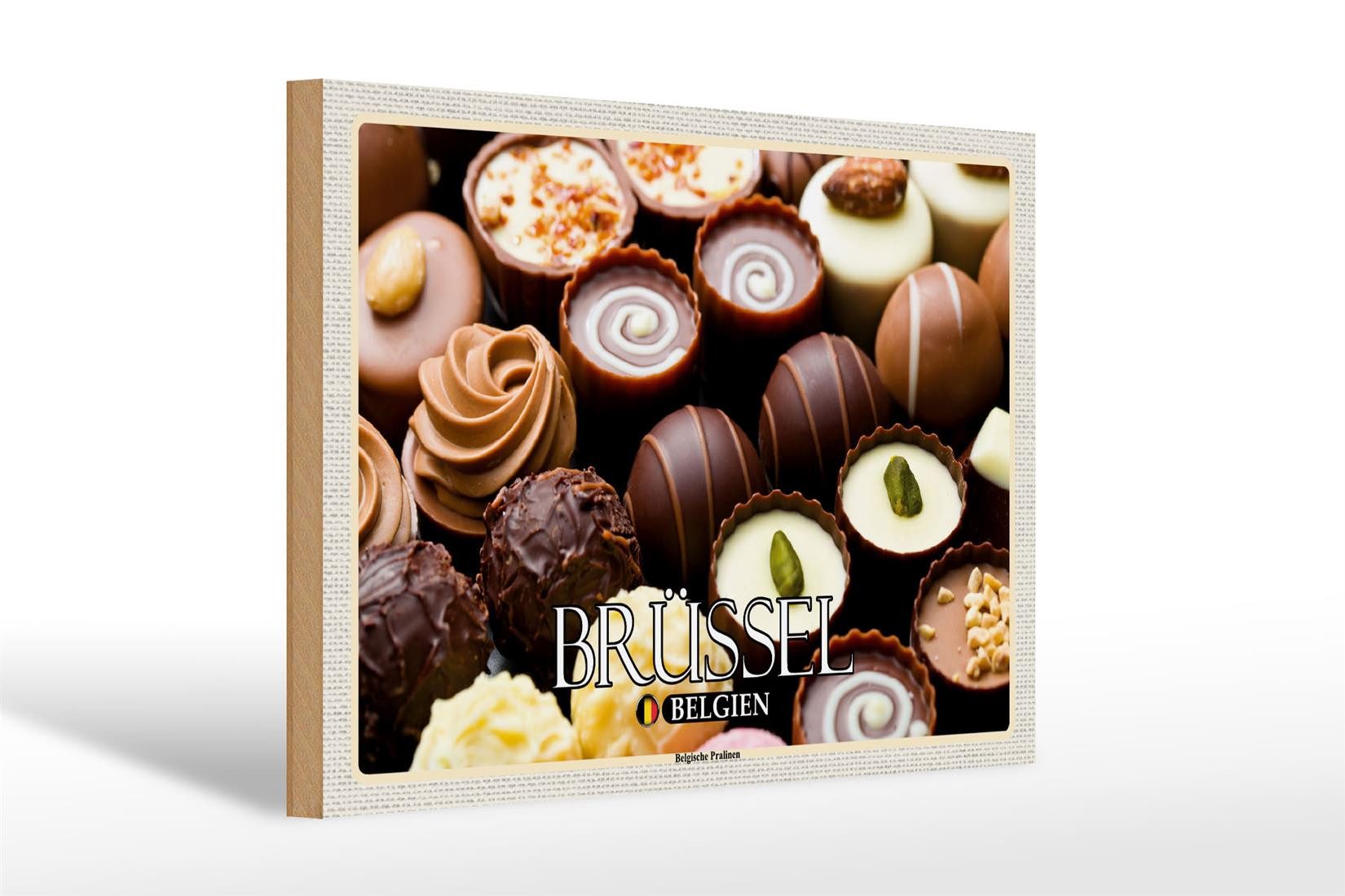 Femer GmbH Holzbild Reise 30x20cm Brüssel Belgien Belgische Pralinen, (1 St), Glatte Holzfaserplatte (MDF), vorn beschichtet