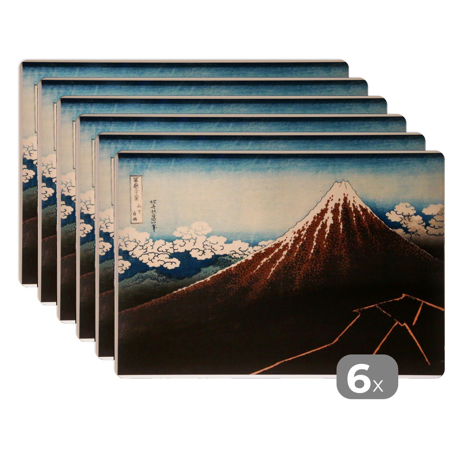 Platzset, Regensturm unterhalb des Berggipfels - Gemälde von Kasushika Hokusai, MuchoWow, (6-St), Platzset, Platzdecken, Platzmatte, Tischmatten, Schmutzabweisend | Tischsets