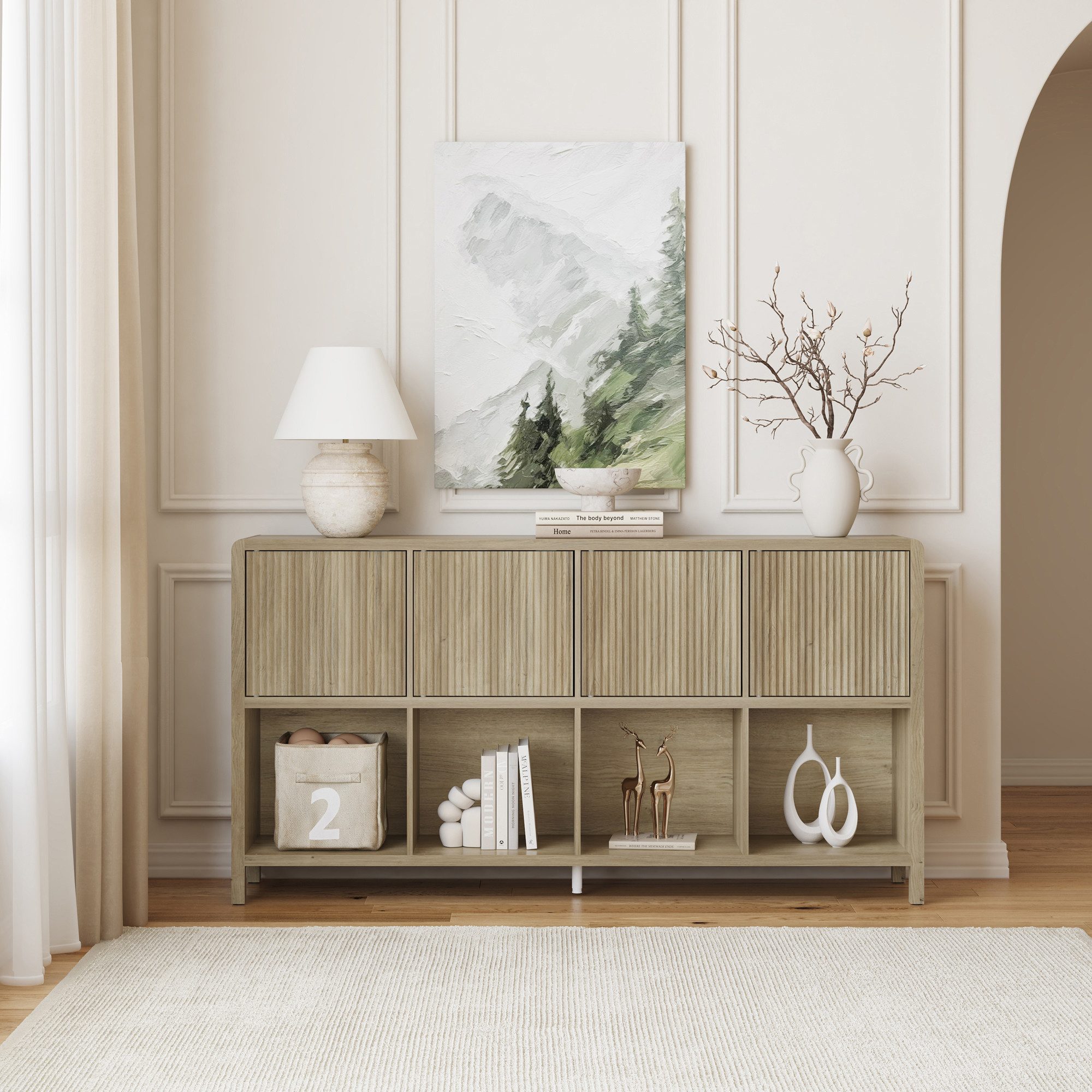 en.casa Sideboard, »Lukkodso« mit 4 Türen, 8 Fächern 77x145x30 cm Eicheoptik, mittelhell