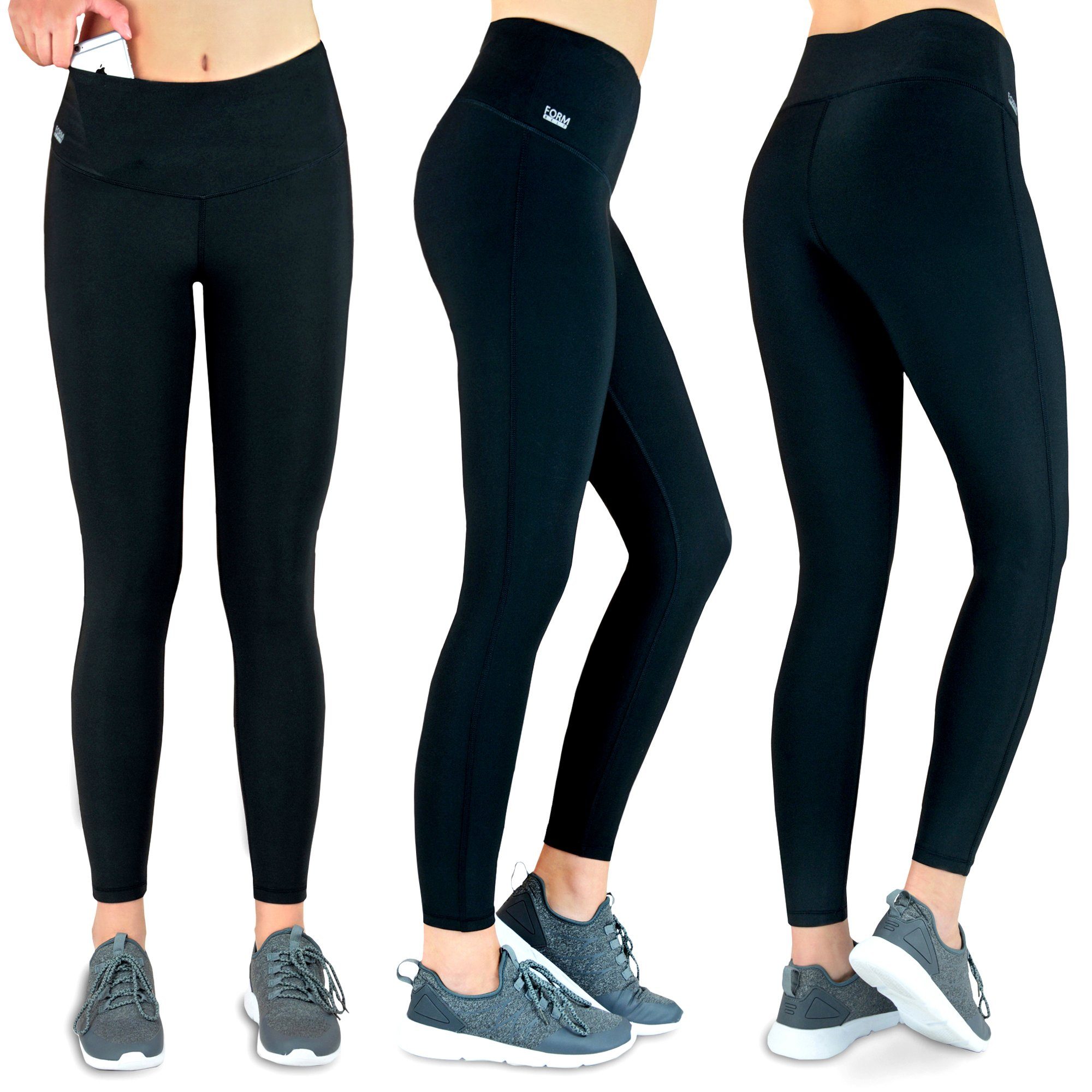 Formbelt Highwaist Leggings Hoher Waist mit Bund Atmungsaktiv Handyfach, Hohem Laufhose Smartphone Bund, Damen Handy, High waist, high Handyfach, lang schwarz Handytasche