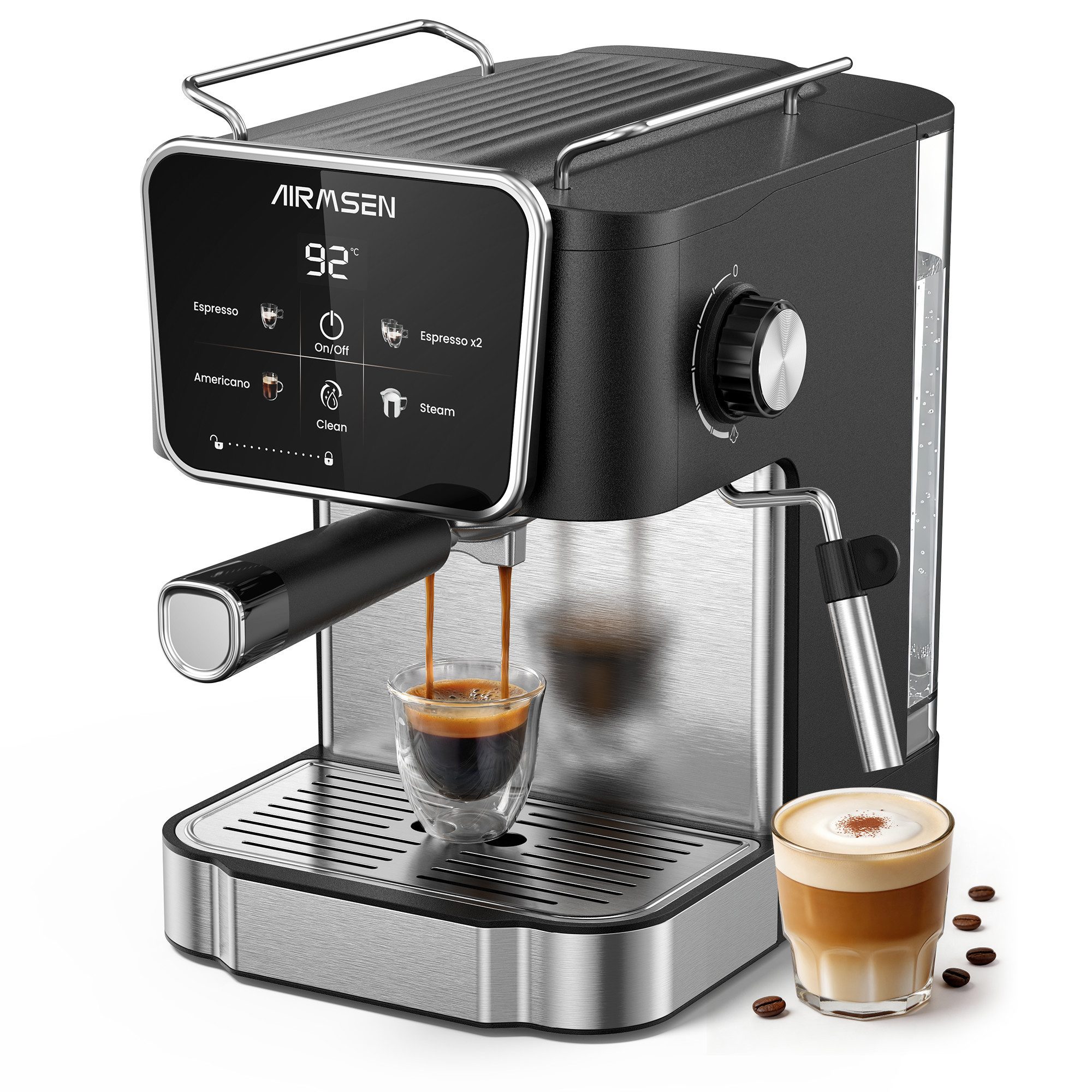 Airmsen Espressomaschine 20 Bar Siebträgermaschinen mit Milchaufschäumdüse,LCD-Touchscreen, 1.8L Wassertank, für Espresso, Cappuccino & Latte Macchiato für Zuhause