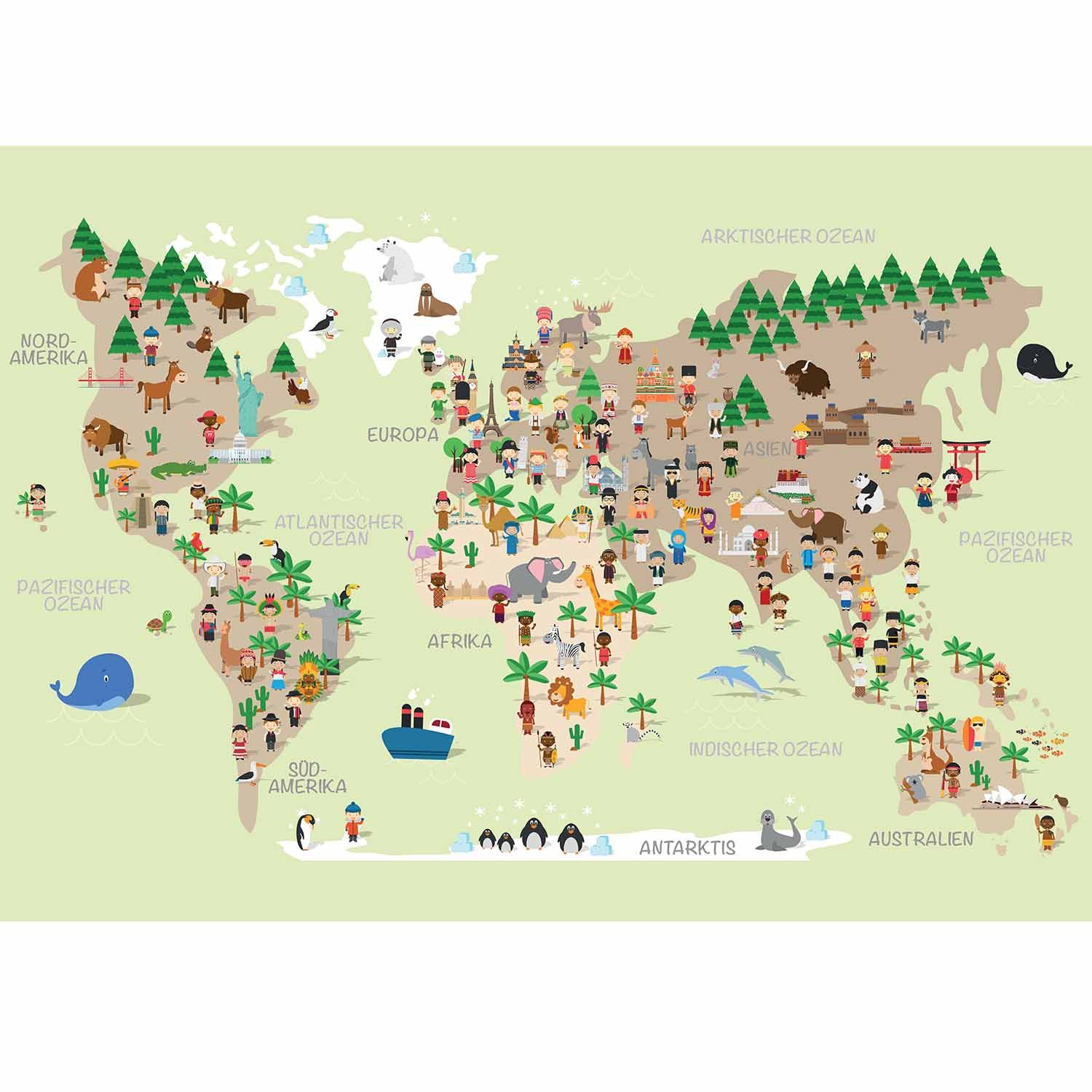 LANA KK Leinwandbild Weltkarte für Kinder, Tier,Menschen,Sehenswürdigkeiten, fröhliche Farben mit liebevollen Details