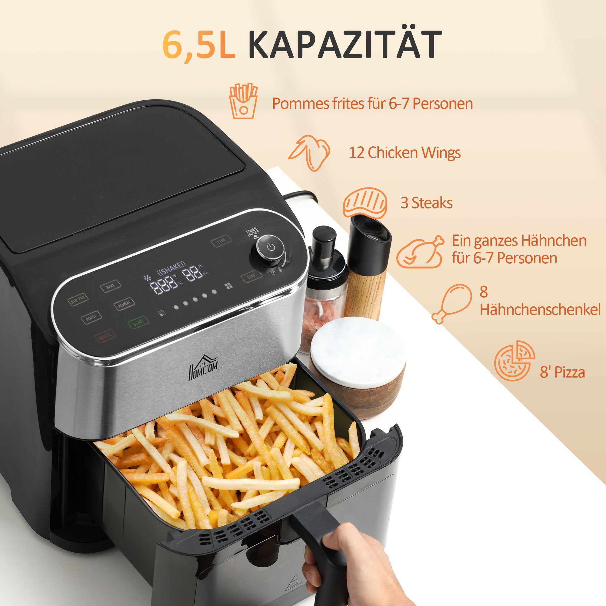 HOMCOM Heißluftfritteuse 8L - 1700W Airfryer Mit 8 Programmen & LED-Touchdisplay