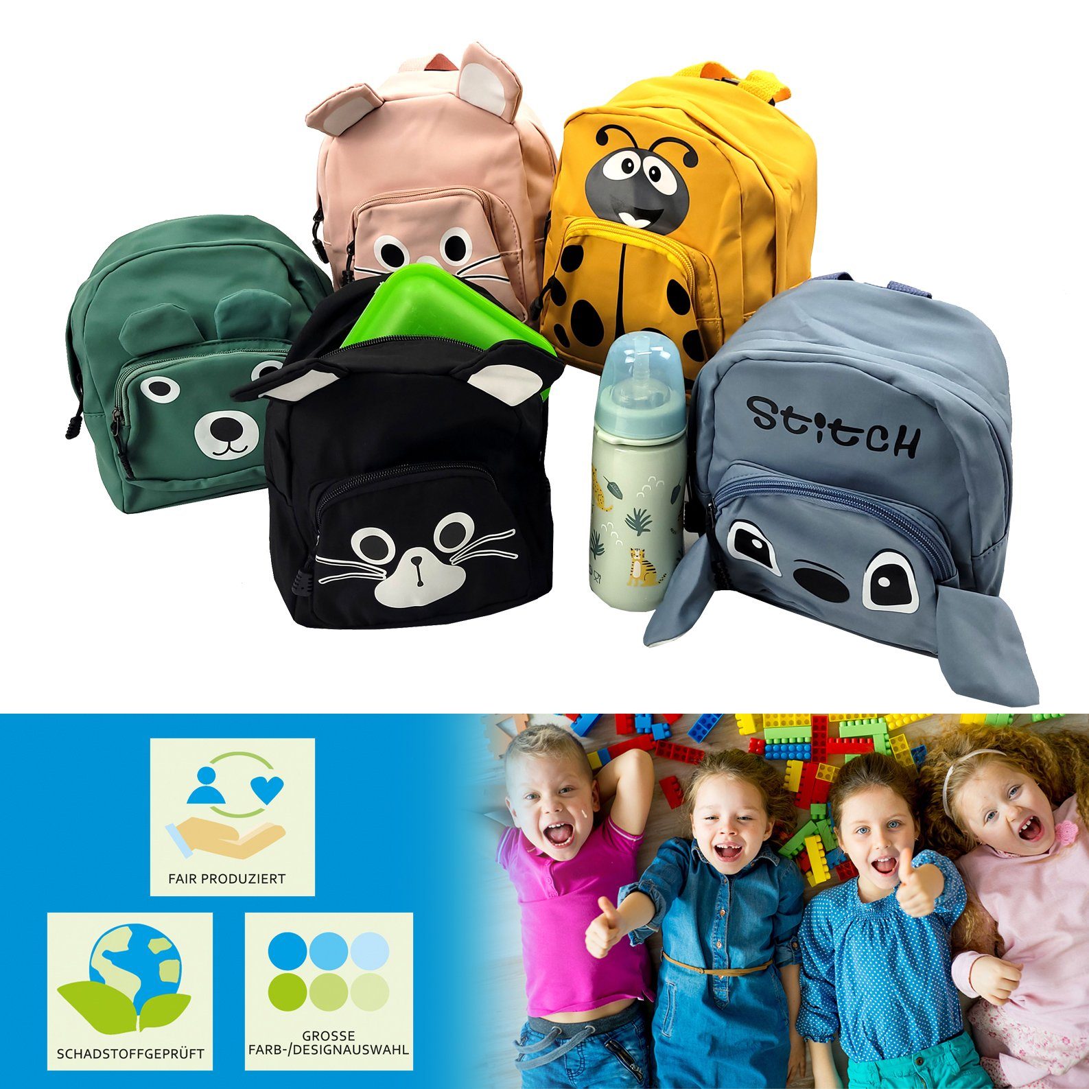 BambiniWelt by Rafael K. Kinderrucksack kleiner Kinderrucksack für Kindergarten, Kita, Hort, Krippe, Marienkäfer Hase Bär