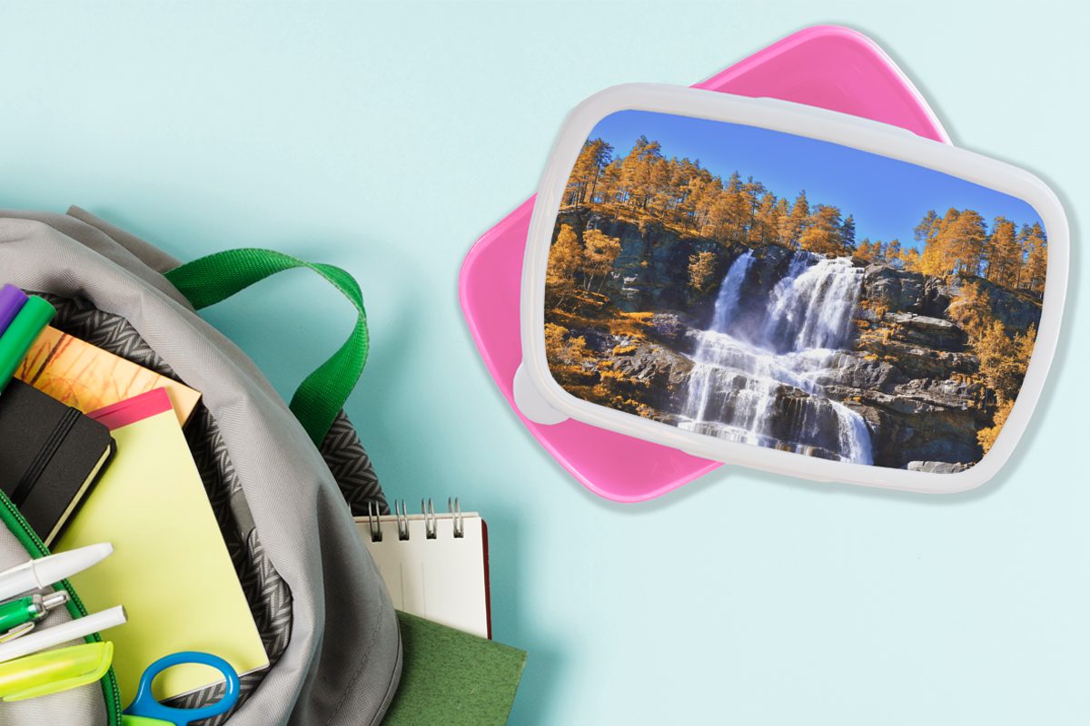 MuchoWow Lunchbox Wasserfall - Norwegen rosa Kinder, Erwachsene, für - (2-tlg), Brotbox Snackbox, Natur, Brotdose Mädchen, Kunststoff Kunststoff