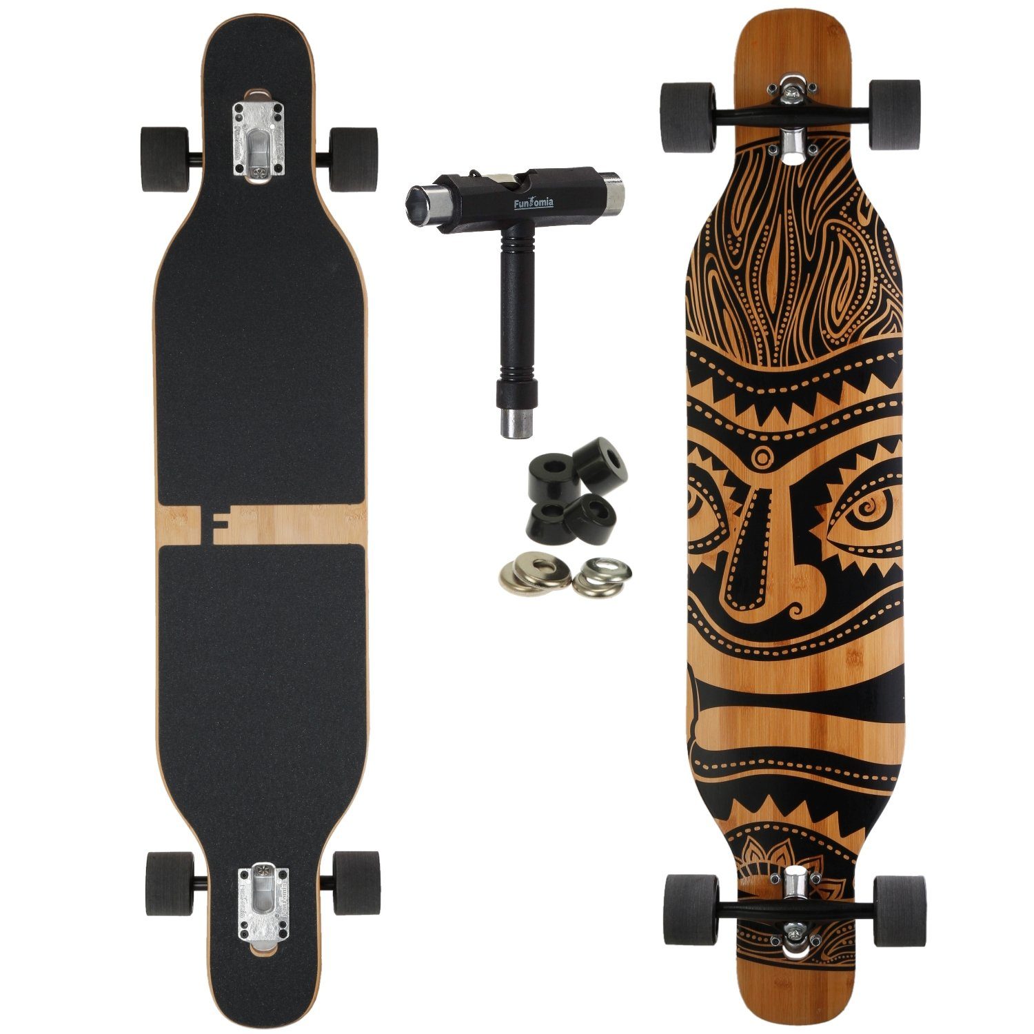 Camber Rollen Twin Tip 2 Ahornholz + Kugellager, Through Flex Skateboard / ABEC-9 - Mach1 T-Tool 25 Longboard Komplettboard Drop Speed Longboard Hawaii Camber in mit Flex - Stufen FunTomia und bis 3 84kg Cruiser LED