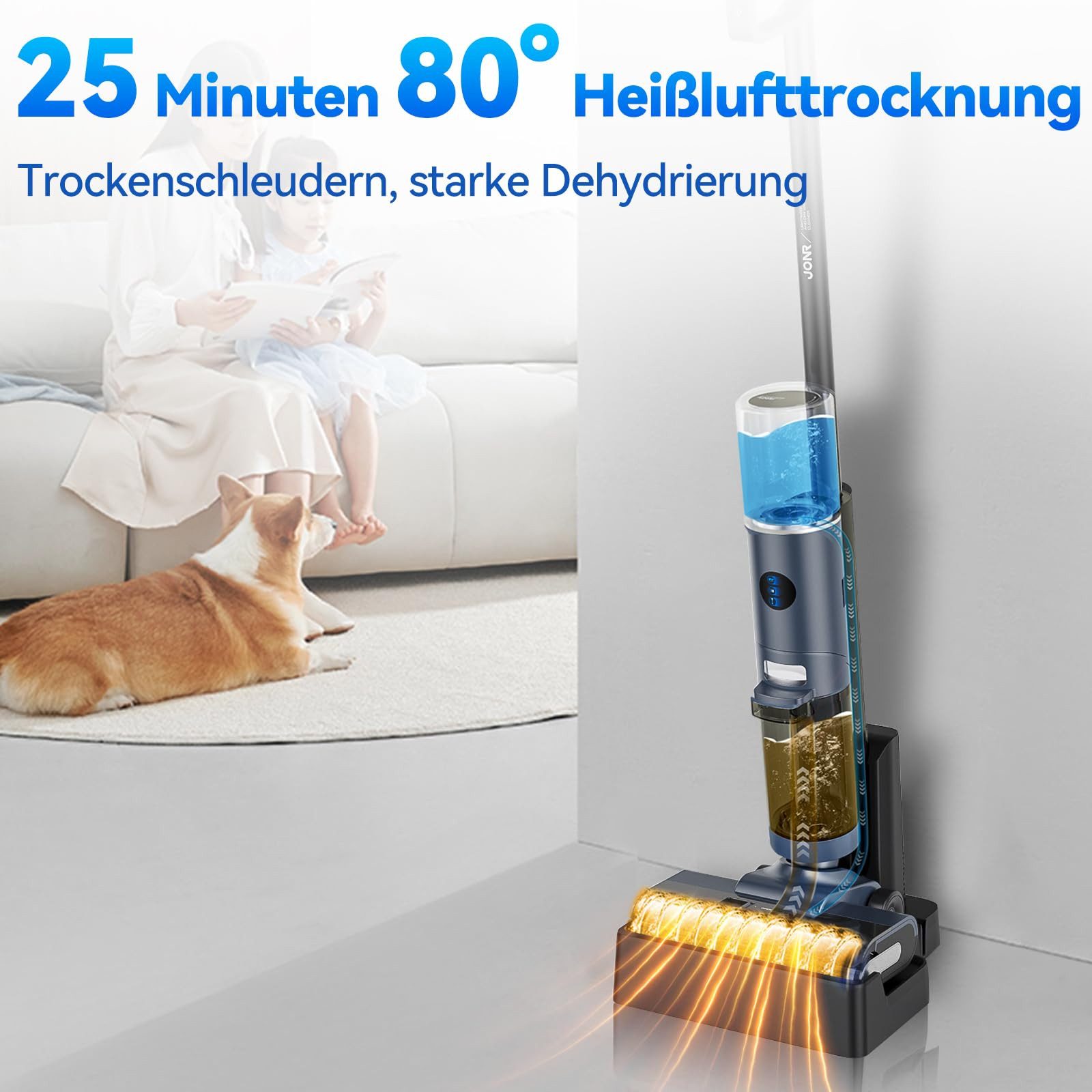 JONR Nass-Trocken-Akkusauger ED12 Pro vollautomatischer Heißwasserreinigung und Heißlufttrocknung, Dreikantenreinigung, verbesserte Reinigung von Ecken und Kante, Dreikantenreinigung, 850mL Wassertank, Anti-Verwirrungs-Haar