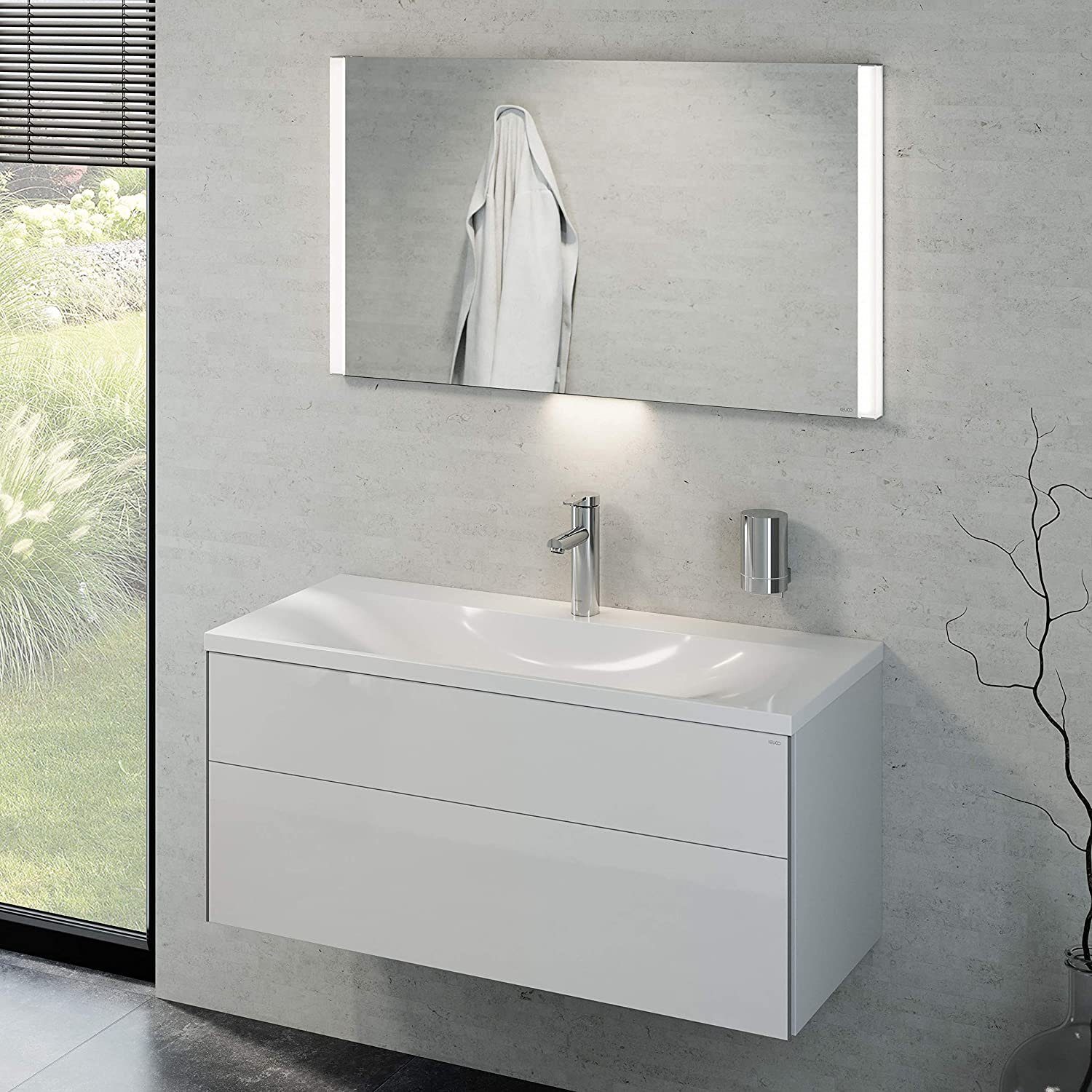 Keuco Badmöbel-Set Royal Reflex, (3 teilig, Badmöbel Set mit Waschbecken  mit Unterschrank und LED Lichtspiegel), Badezimmerspiegel mit Beleuchtung,  weiß-hochglanz, 100 cm breit