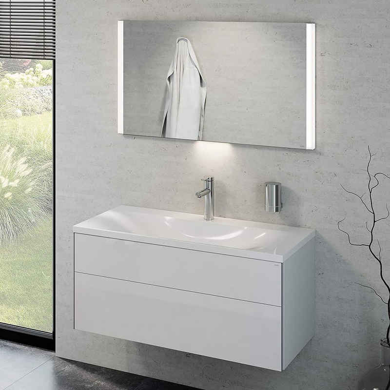 Keuco Badmöbel-Set »Royal Reflex«, (3 teilig, Badmöbel Set mit Waschbecken mit Unterschrank und LED Lichtspiegel), Badezimmerspiegel mit Beleuchtung, weiß-hochglanz, 100 cm breit