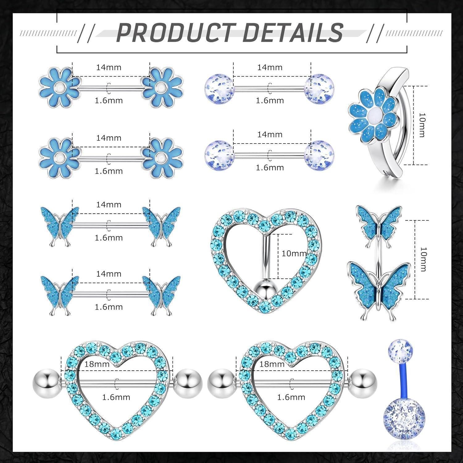 Kakonia Piercing-Set Nippelpiercing und Bauchnabelpiercing Set 14G Chirurgenstahl Frauen