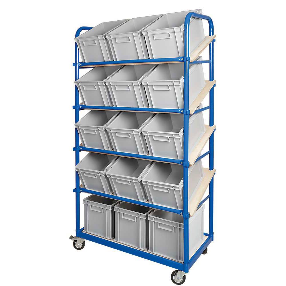 BRB-Lagertechnik Regaltransportwagen Schrägbodenwagen 5 Ebenen, 4 Lenkrollen, 15 Euroboxen 400x300x235 mm