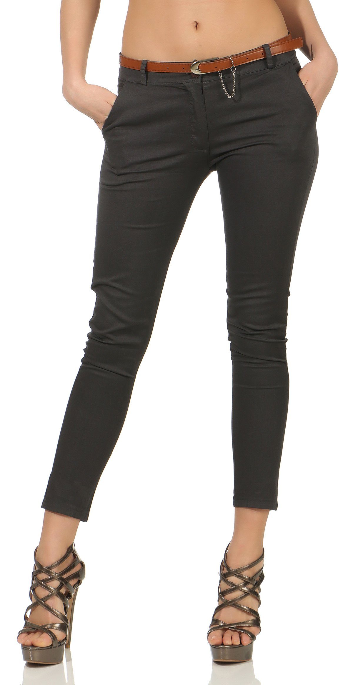 Chinohose malito Damen Chinohose mit Gürtel, Stretch Caprihose, schicke Freiz