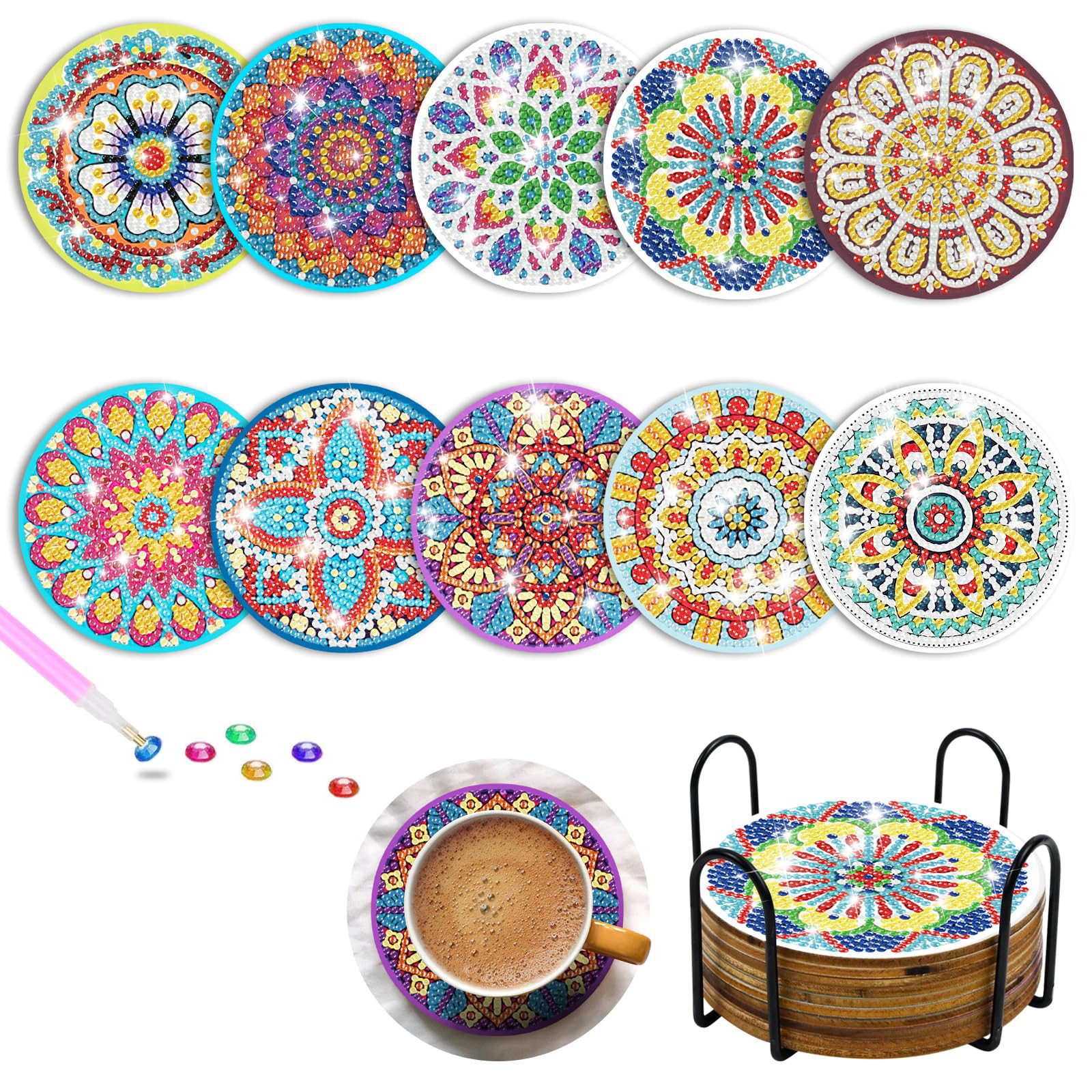 FOUORTUNATE-BEE Kreativset 10er Set Diamond Painting Untersetzer mit Halter, DIY Kunst, (Diamant-Kunst Untersetzer Set für Anfänger & Erwachsene)