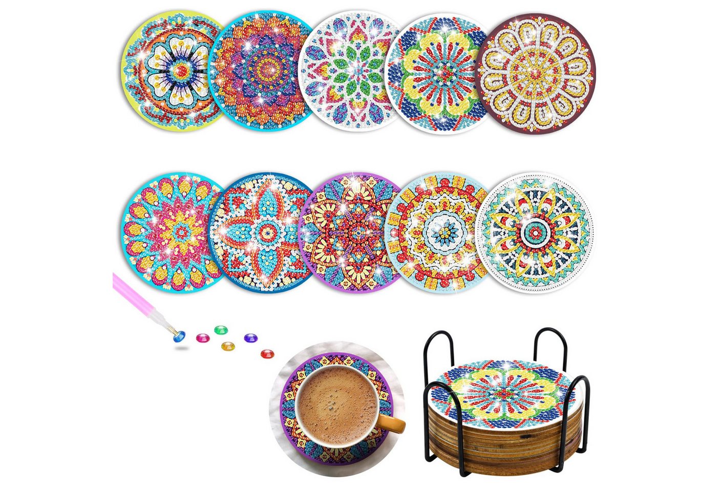 FOUORTUNATE-BEE Kreativset 10er Set Diamond Painting Untersetzer mit Halter, DIY Kunst, (Diamant-Kunst Untersetzer Set für Anfänger & Erwachsene)