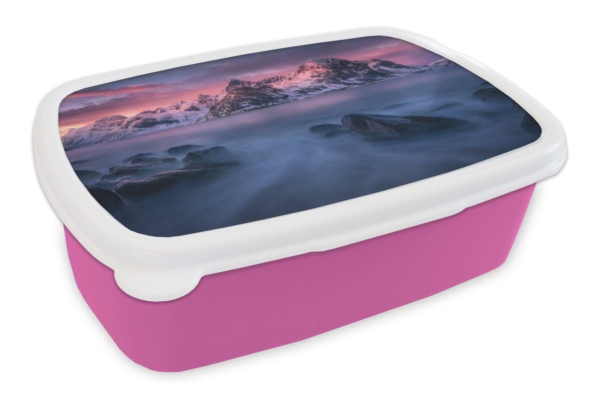 MuchoWow Lunchbox Berge am Wasser - liegend, Kunststoff, (2-tlg), Brotbox für Erwachsene, Brotdose Kinder, Snackbox, Mädchen, Kunststoff rosa