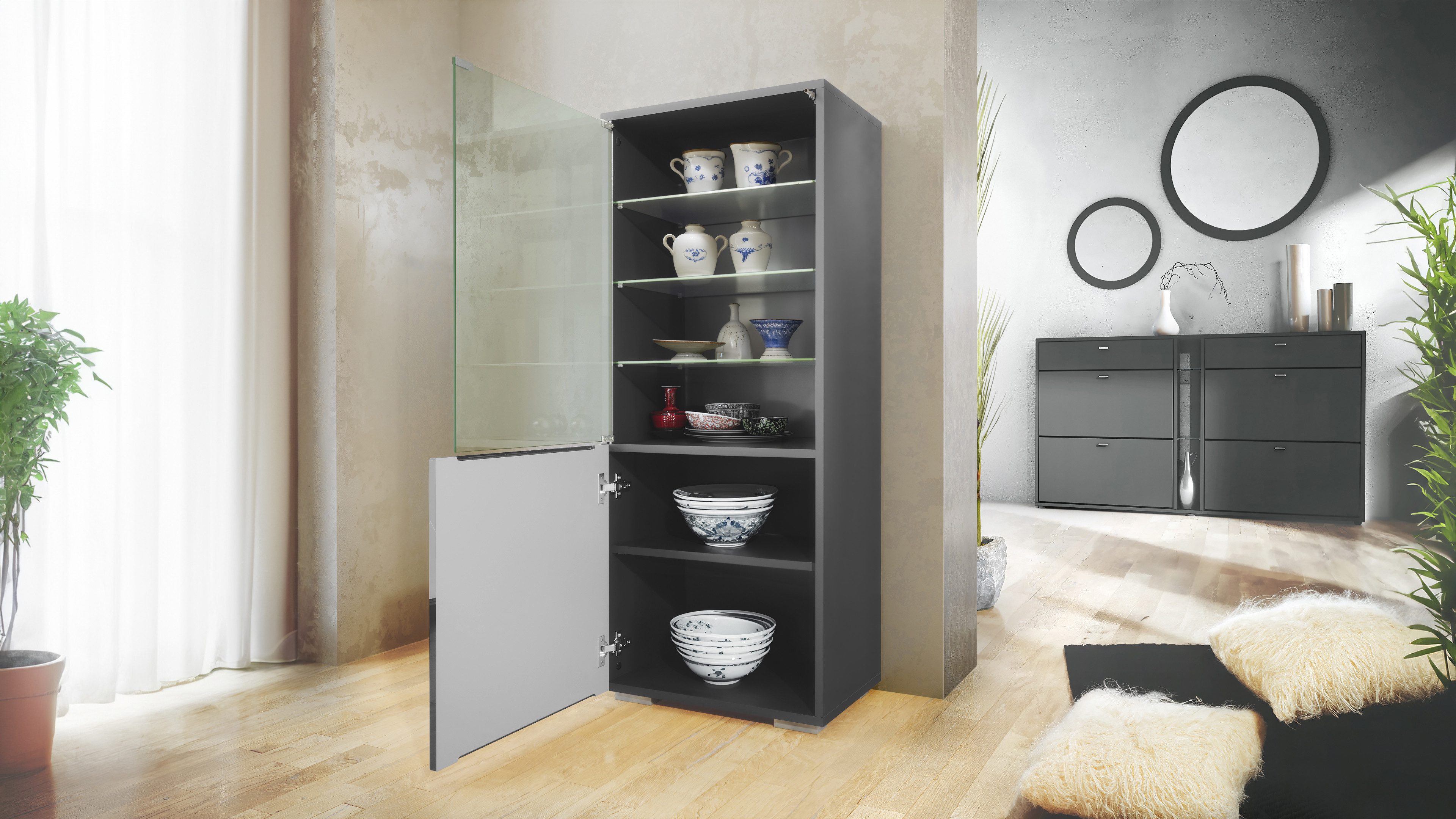 Vladon Standvitrine Granada (Vitrinenschrank, mit Glastür und Glaseinsatz) Anthrazit matt/Denim matt (50 x 122,5 x 34,5 cm)