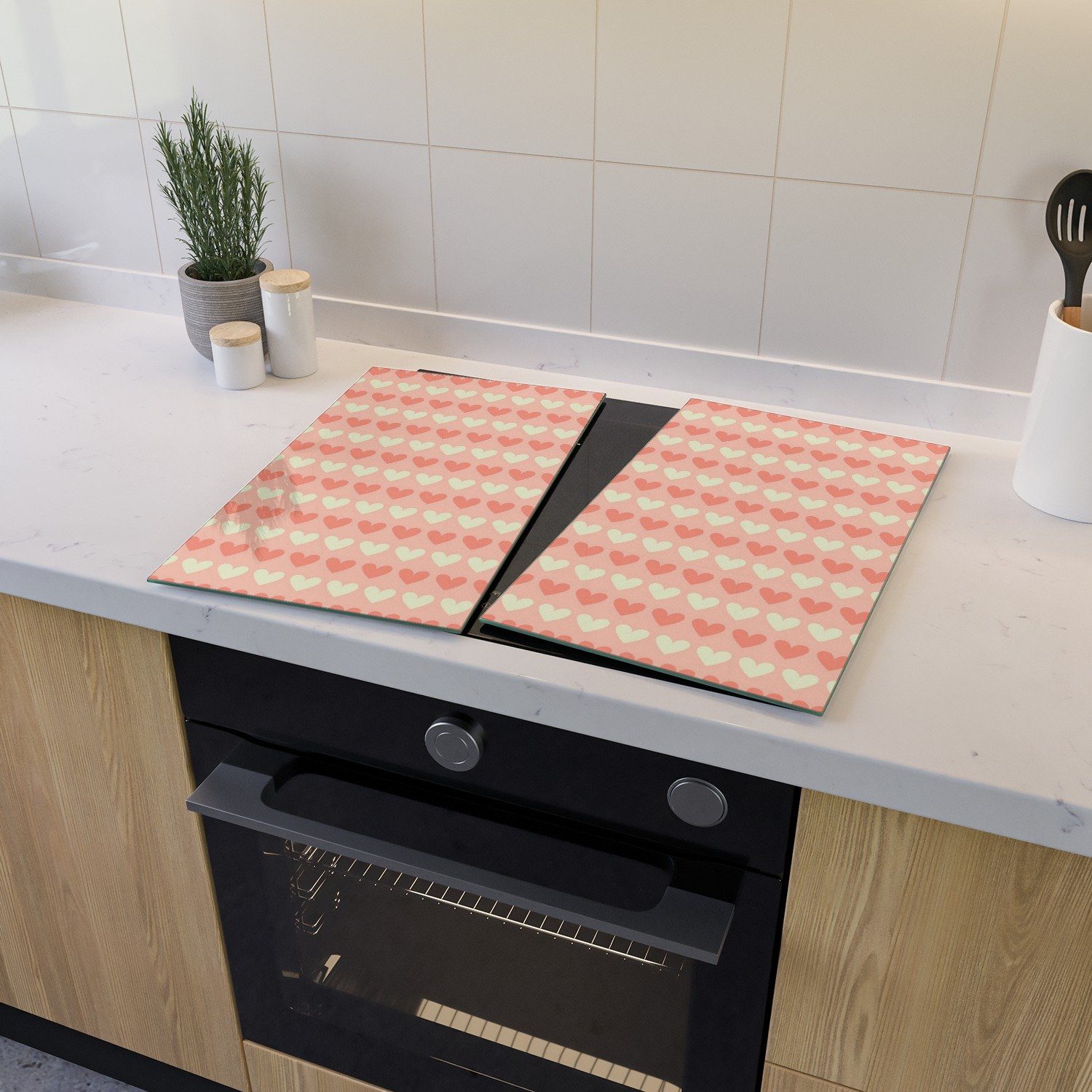 Wallario Herd-Abdeckplatte Muster Herzen in beige und rot, ESG-Sicherheitsglas, (Glasplatte, 2 tlg., inkl. 5mm Noppen), verschiedene Größen