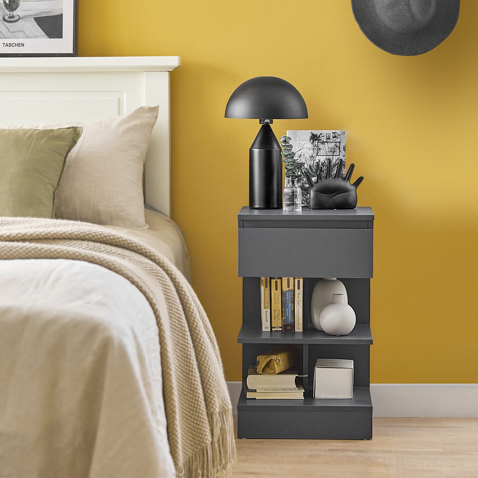 SoBuy Nachttisch FBT49, Nachtschrank Beistelltisch Aufbewahrungsschrank Sofatisch, Nachttisch schmal, mit 1 Schublade und 2 Ablagen, Schlafzimmer
