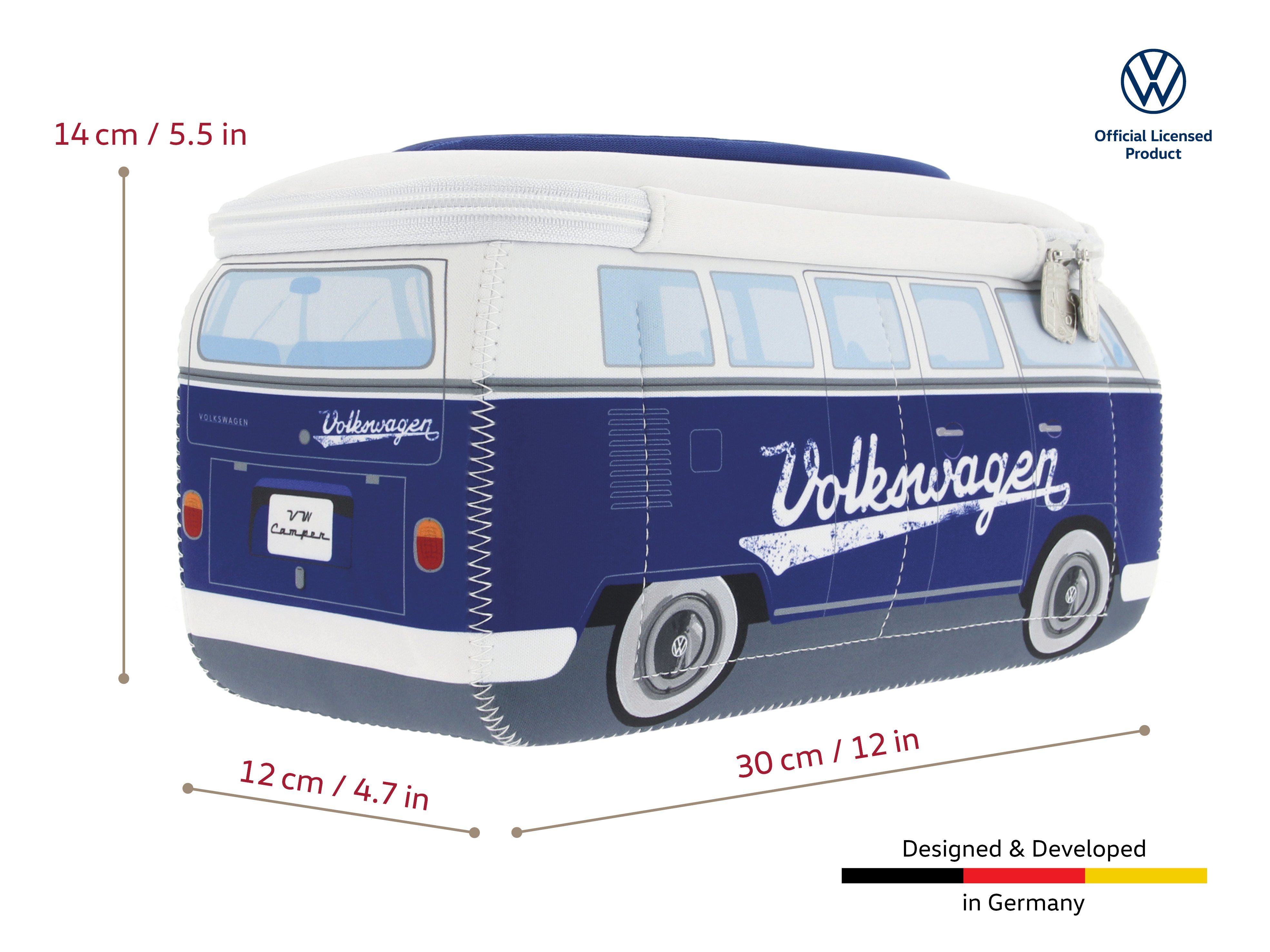 VW Collection by BRISA Kulturbeutel Reisebeutel, im T1 Bus Neopren Volkswagen Schminktasche, Kosmetiktasche Design Schriftzug/Blau Bulli