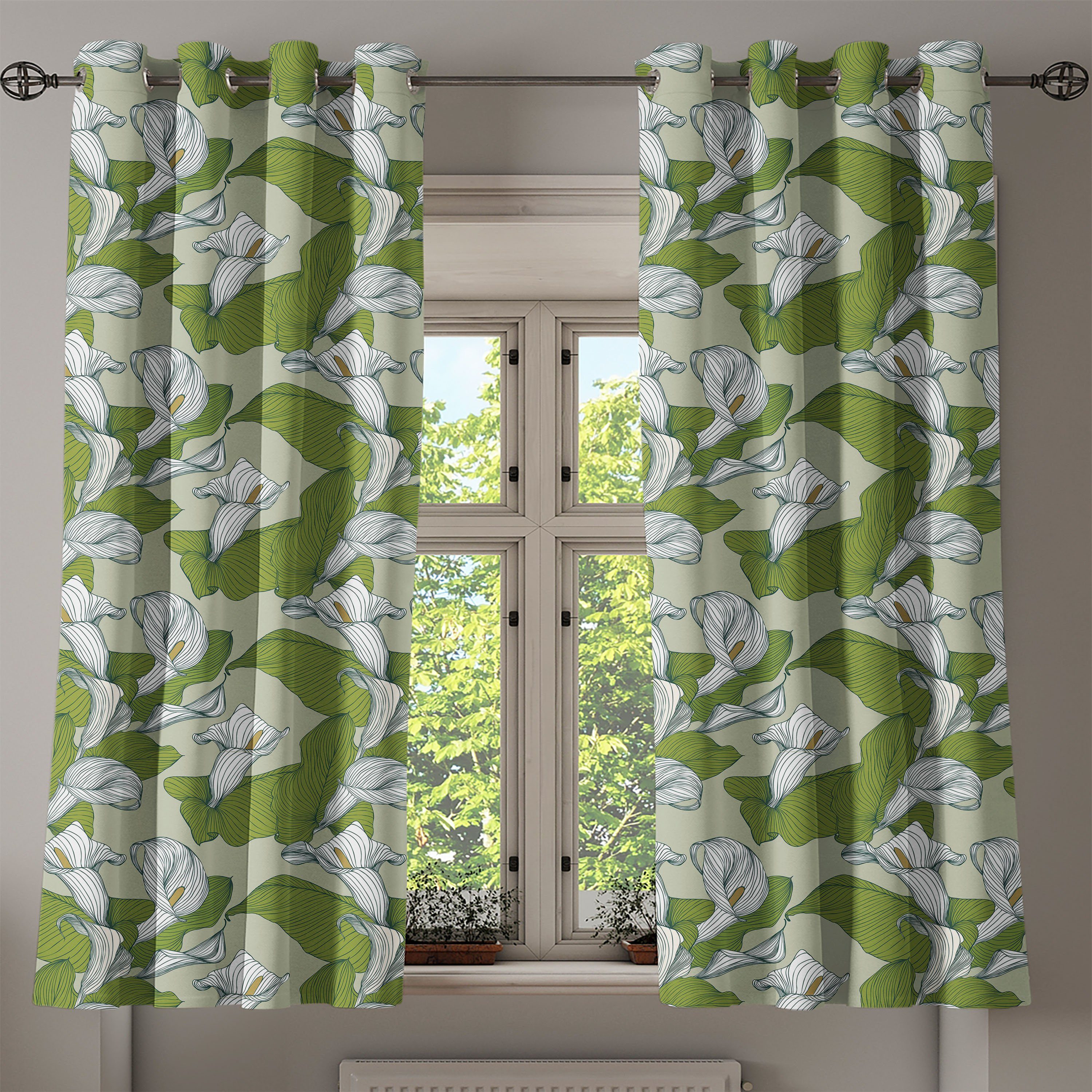 2-Panel-Fenstervorhänge Abakuhaus, für Gardine und Schlafzimmer Wohnzimmer, Dekorative Calla-Lilien Weiß Grün