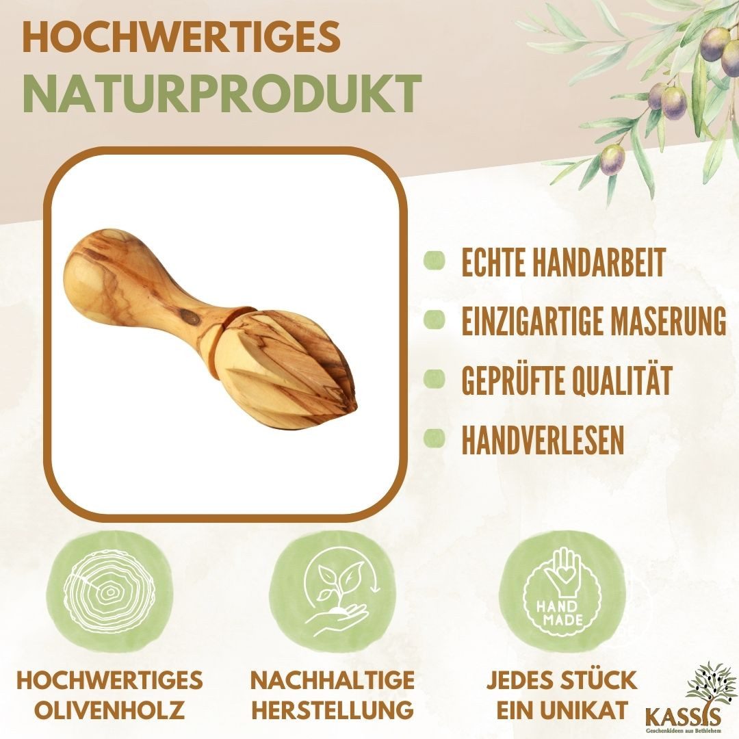Kassis Geschenkartikel Zitruspresse aus Olivenholz, handgemacht, ergonomische Zitronenpresse für Saft, Hergestellt in Bethlehem, Geschenk zu Muttertag, Geburtstag