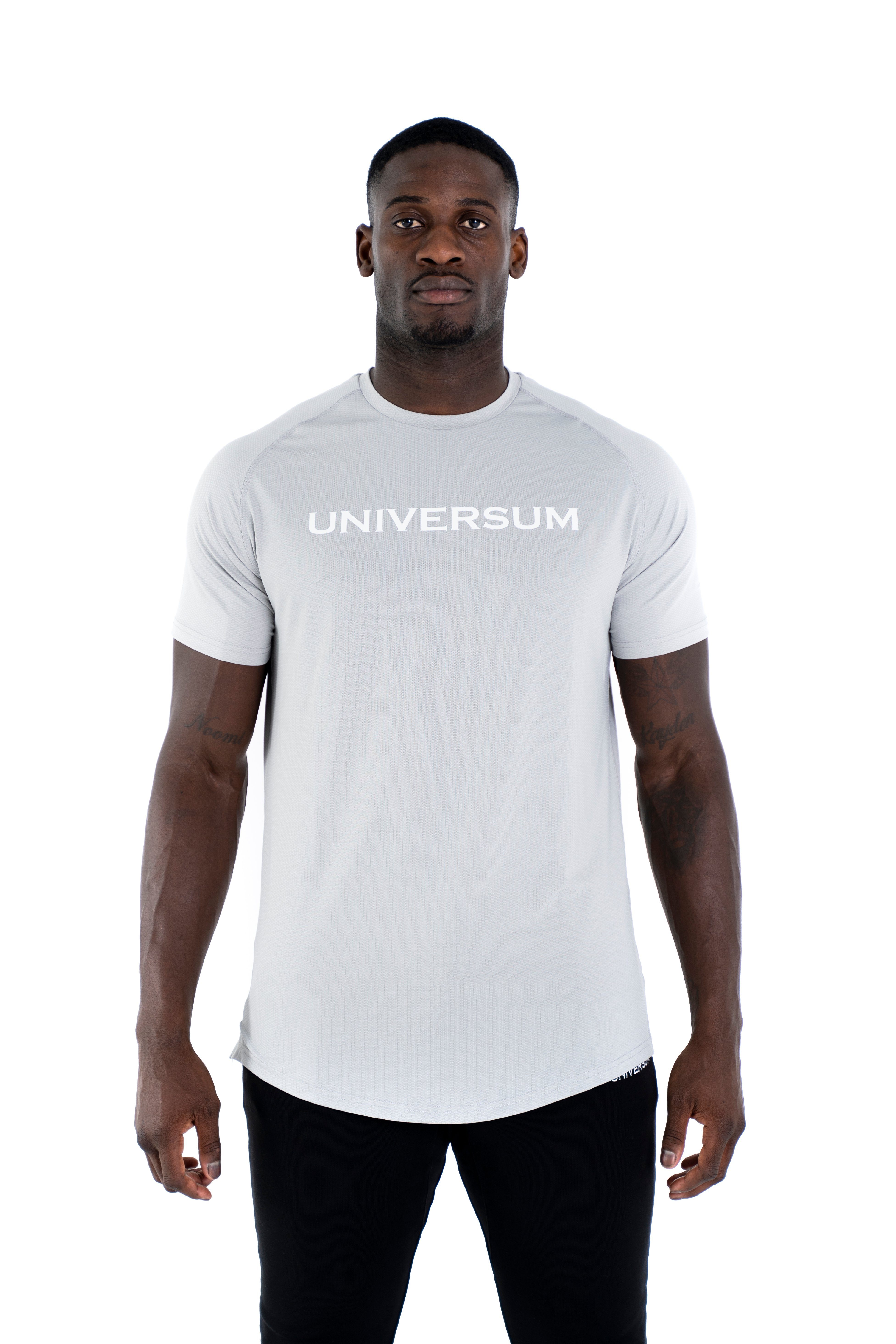 Abgerundeter Figurbetont Schulterschnitt, und Funktionsshirt Saum Universum Sportwear T-Shirt elastisch grau Sportlicher