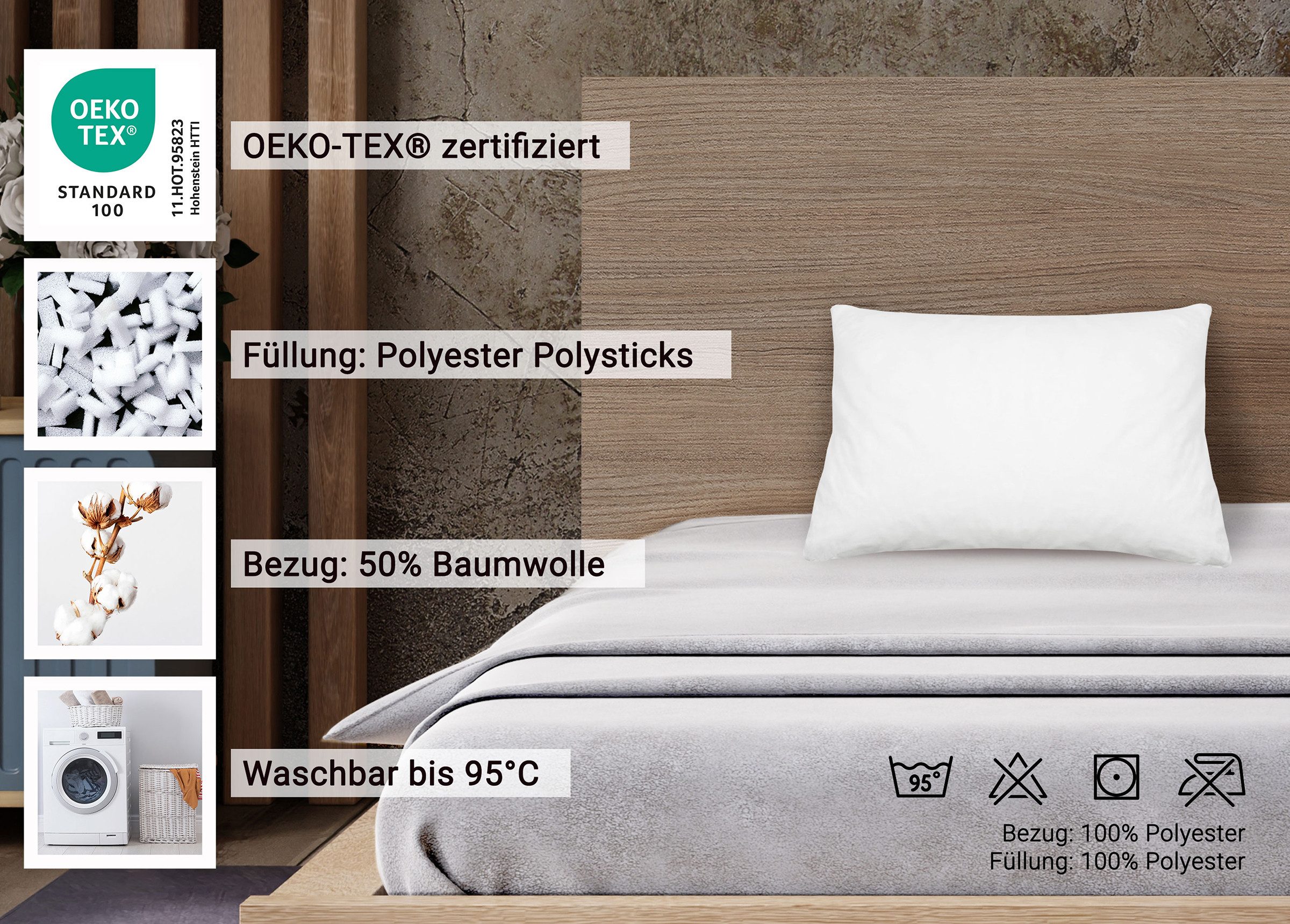 ZOLLNER Kopfkissen, Füllung: 100% Polyester Polysticks, Seitenschläfer, 40 x 60 cm, 50% Polyester, 50% Baumwolle, vom Hotelwäschespezialisten