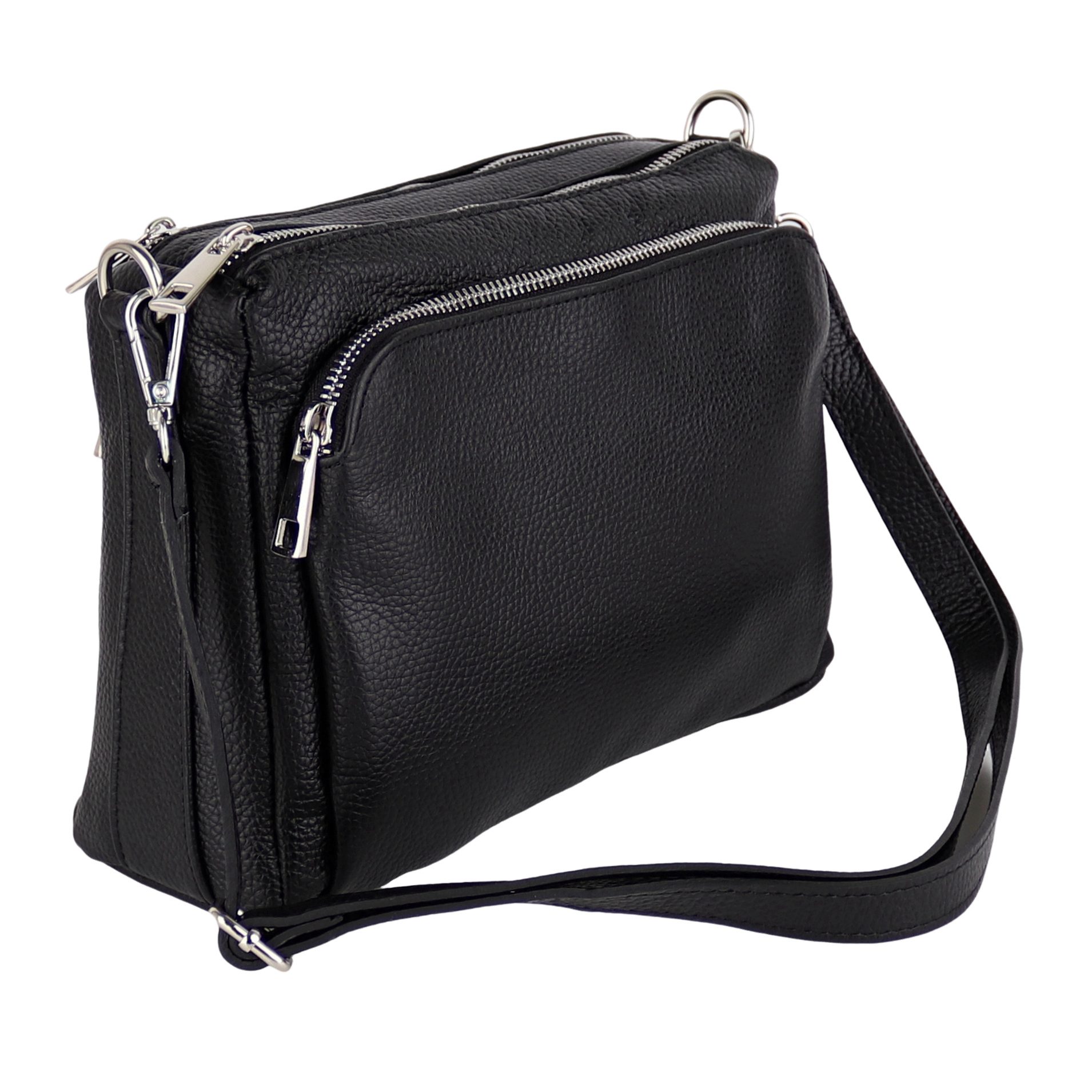 MIRROSI Umhängetasche Damen, Echtleder, Leder, Made in Italy, Mittelgroß, (Schultertasche für jeden Anlass (1 Tasche mit 1 oder 2 Gurte), 27x19x10cm, Drei Hauptfächer mit Reißverschluss), Crossbody Bag, Schwarz, gemusterten& verstellbaren Schulterriemen