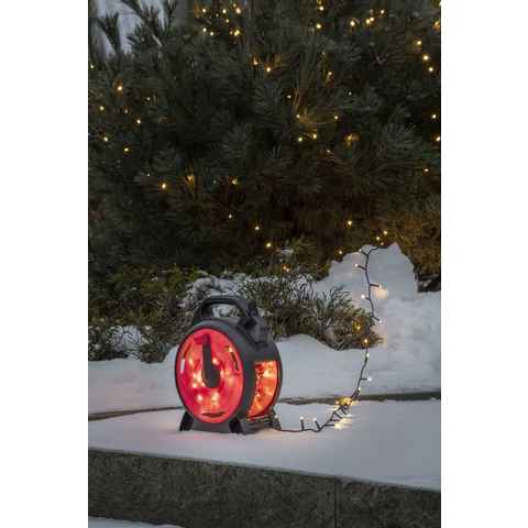 KONSTSMIDE LED-Lichterkette Weihnachtsdeko aussen, 200-flammig, Micro LED mit Kabelaufroller, schwarz-rot, 200 warm weiße Dioden
