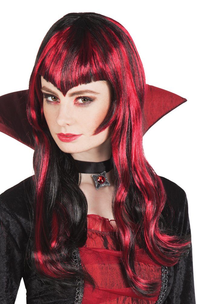 Karneval-Klamotten Kostüm Vampir Perücke Damen aus schwarz rotem Kunsthaar, Halloween-Perücke Karneval