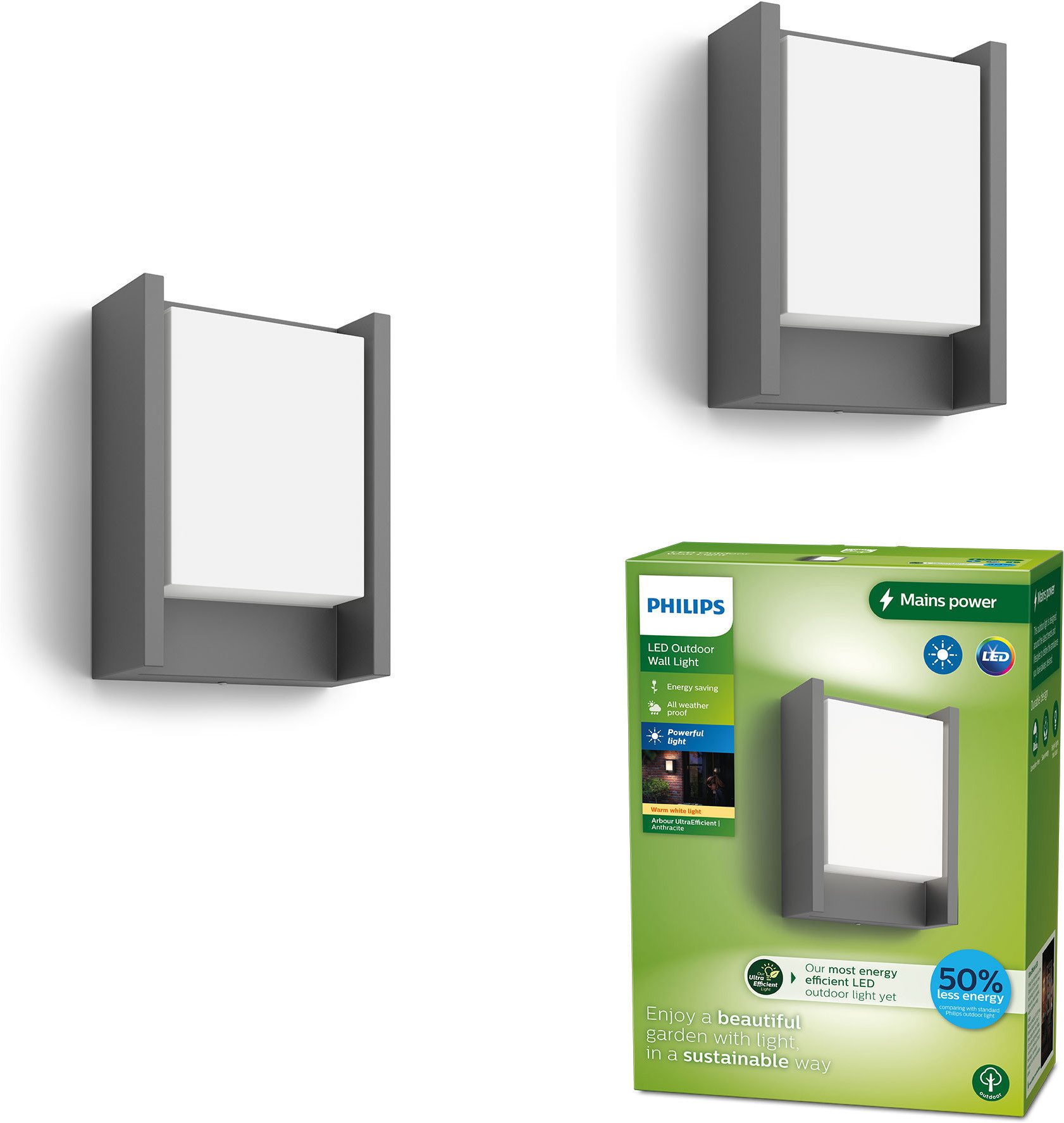 Philips LED Außen-Wandleuchte 2er Pack Outdoor Ultra-Efficient Arbour, LED fest integriert, Warmweiß, 2700 Kelvin, IP44, anthrazit