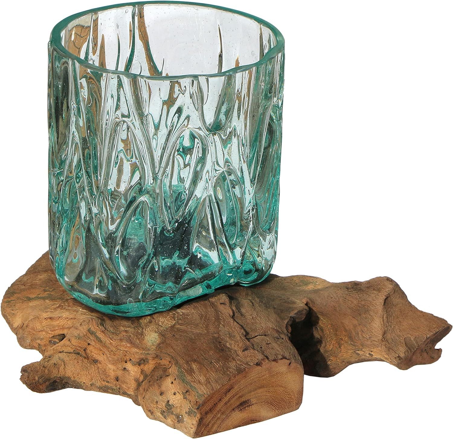 Wogeka Dekovase Glas-Vase "Gloria" auf Wurzel-Holz Ø Glas 15-16 cm Teakholz Gamal