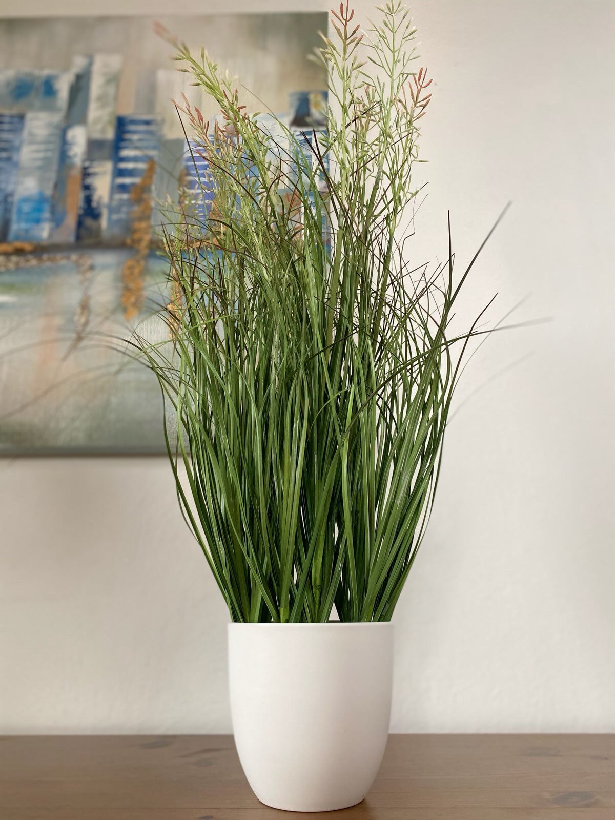 Kunstblume Künstliches Gras, Grasbusch-Arrangement im weißen Kunststofftopf Gras, Dahlia Studios, Höhe 60 cm