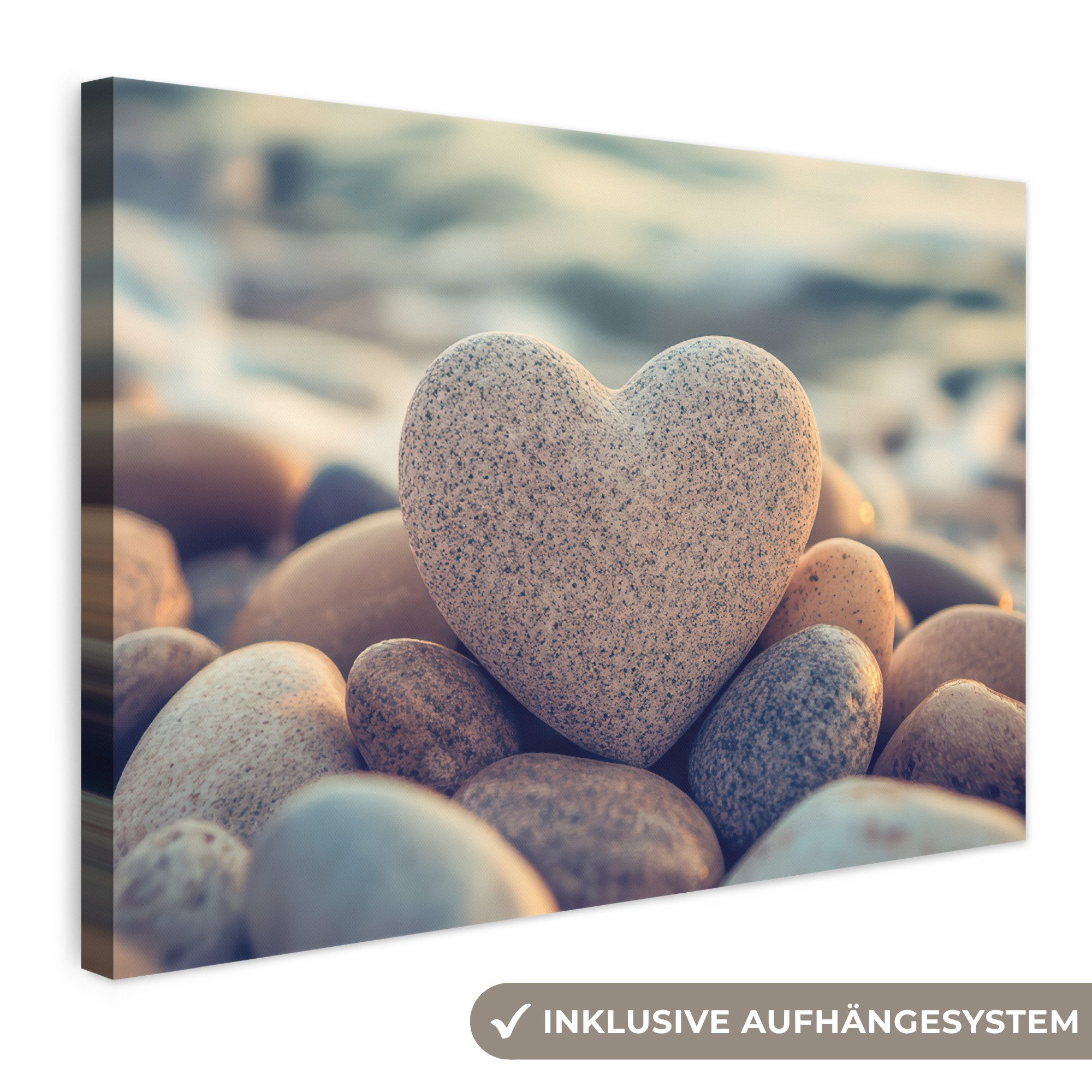 OneMillionCanvasses® Leinwandbild Herz - Steine - Natur - Kieselsteine - Zen - Kieselsteine, Fotodruck (1 St), Leinwand Bilder Klein, Wand Dekoration Aesthetic 30x20 cm