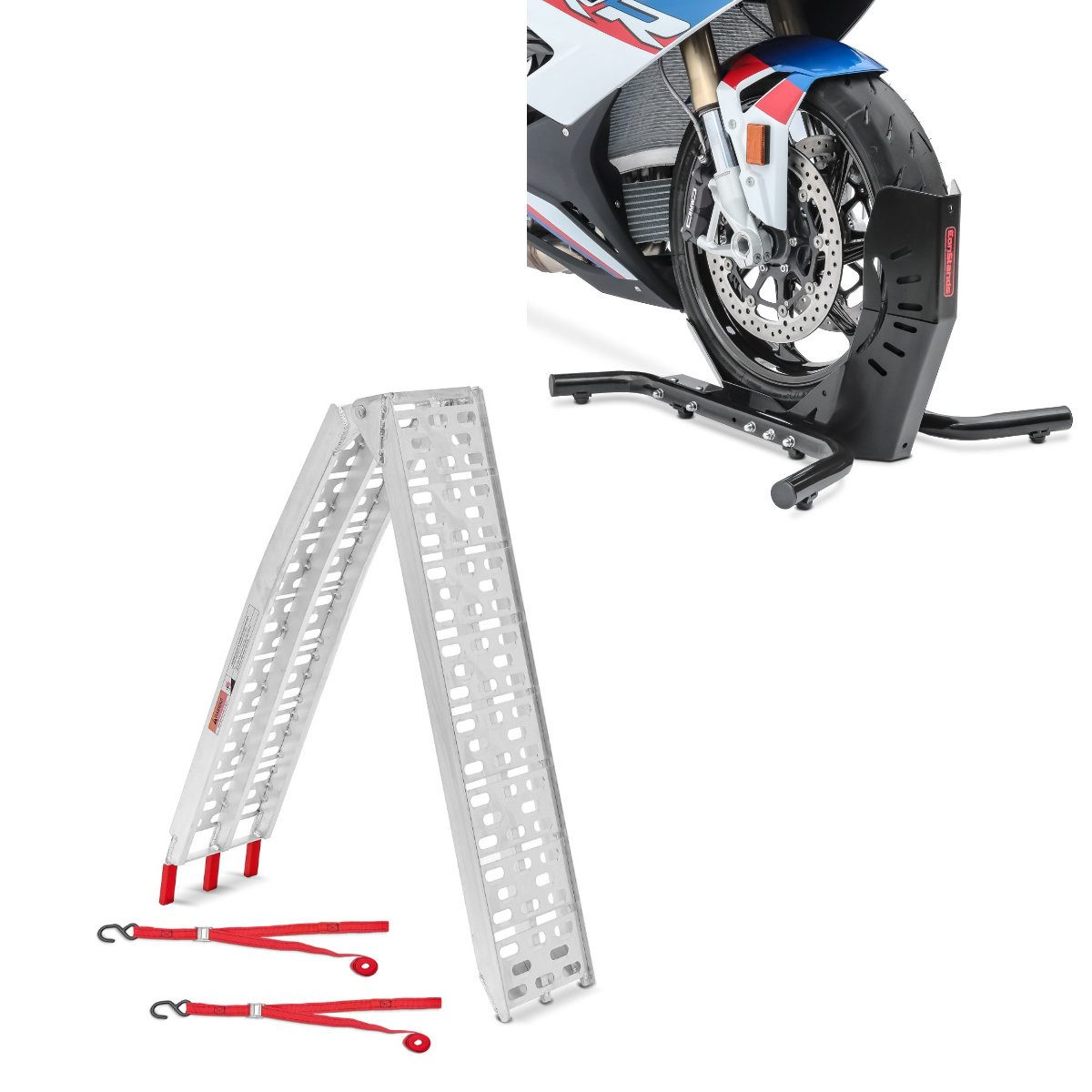 Motorradheber Set: Auffahrrampe bis 340 kg Alu-I klappbar + Motorradständer Easy-Evo