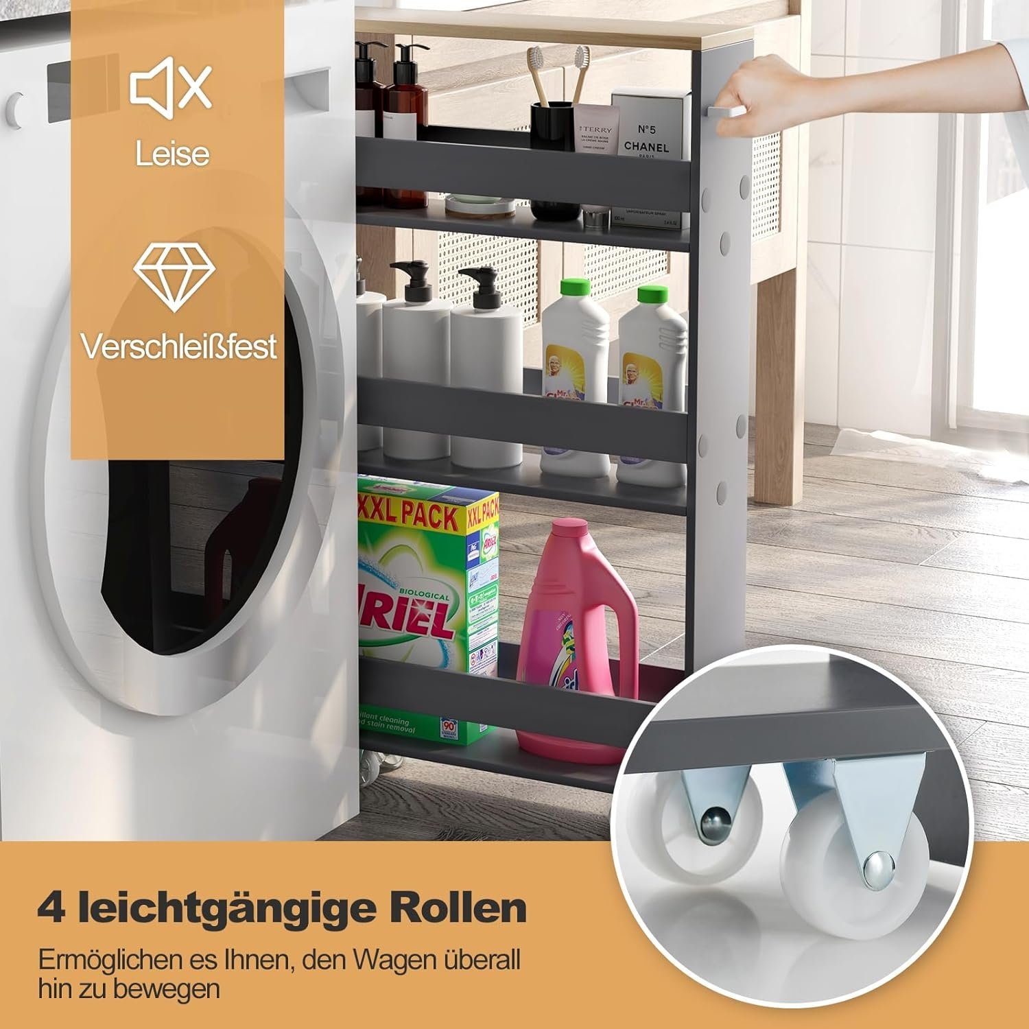 KOMFOTTEU Regalwagen Nischenregal, 4 Ebenen, mit Griff