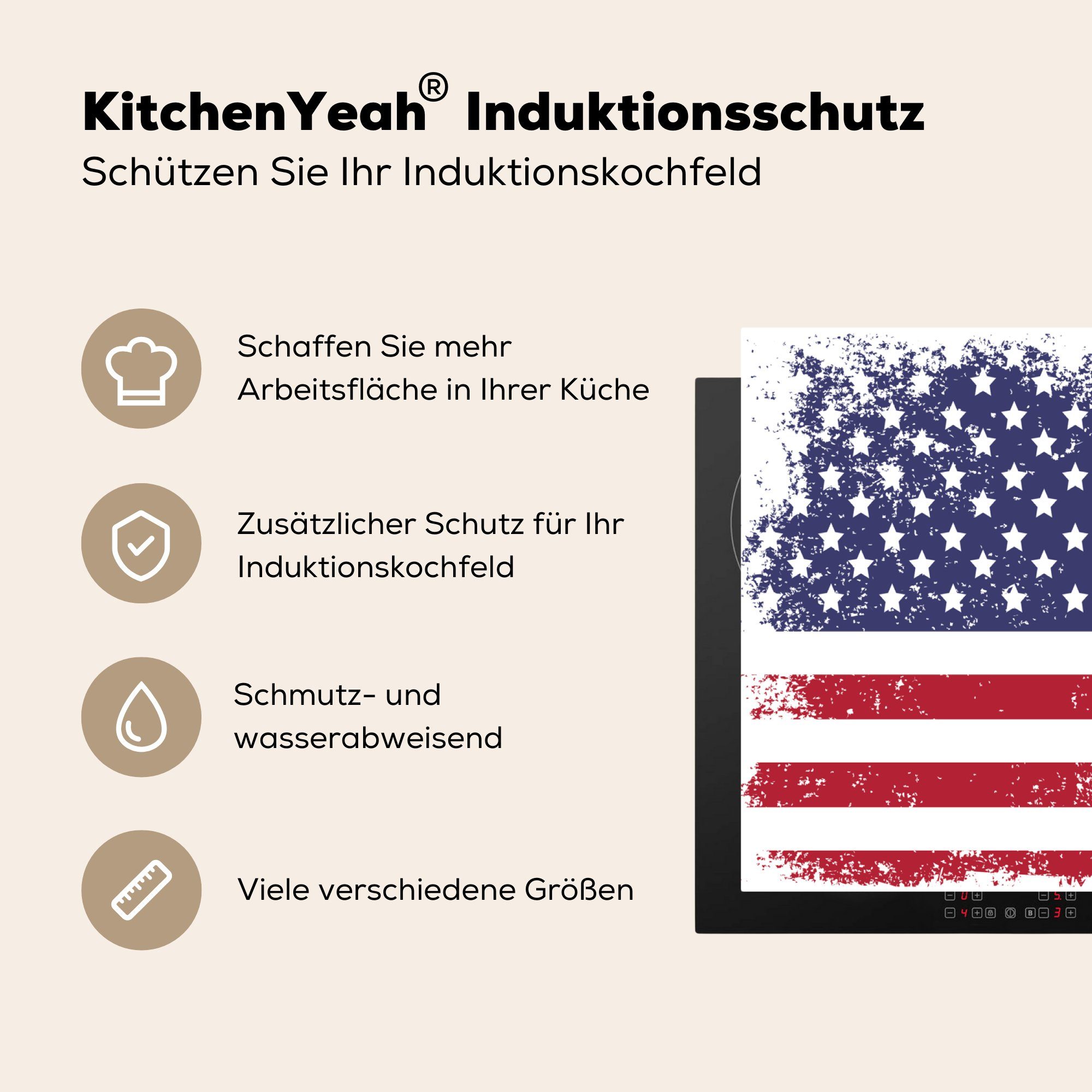 (1 Herdblende-/Abdeckplatte cm, MuchoWow Vintage 83x51 Arbeitsplatte Vinyl, - Amerika, tlg), für küche - Flagge Ceranfeldabdeckung,