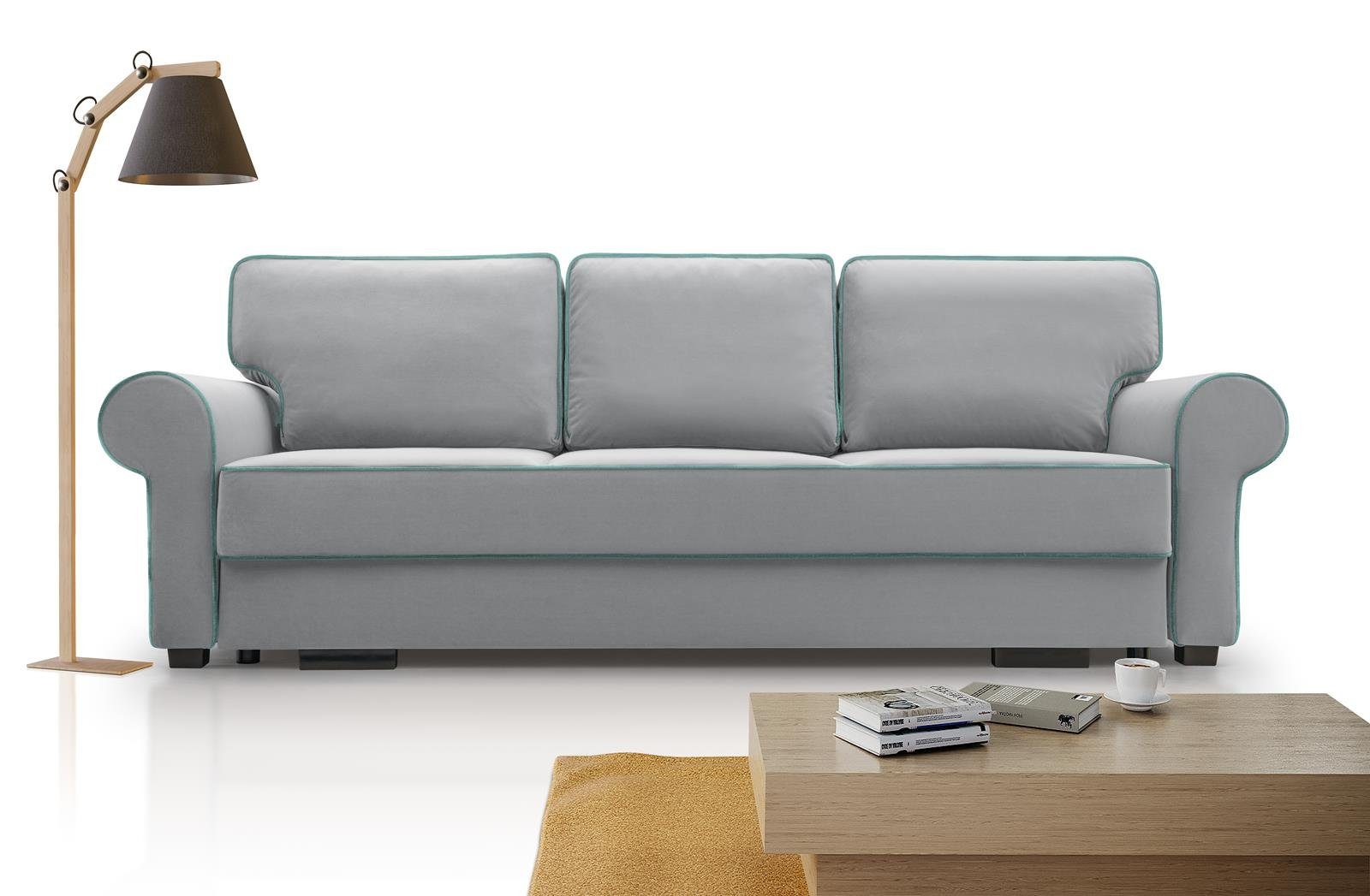 Beautysofa 3-Sitzer BELLO, in Retro-Stil, Bettkasten, Wellenfedern, für Wohnzimmer, Dreisitzer Sofa aus Veloursstoff, inklusive Schlaffunktion Grau (matt velvet 83 + 72)